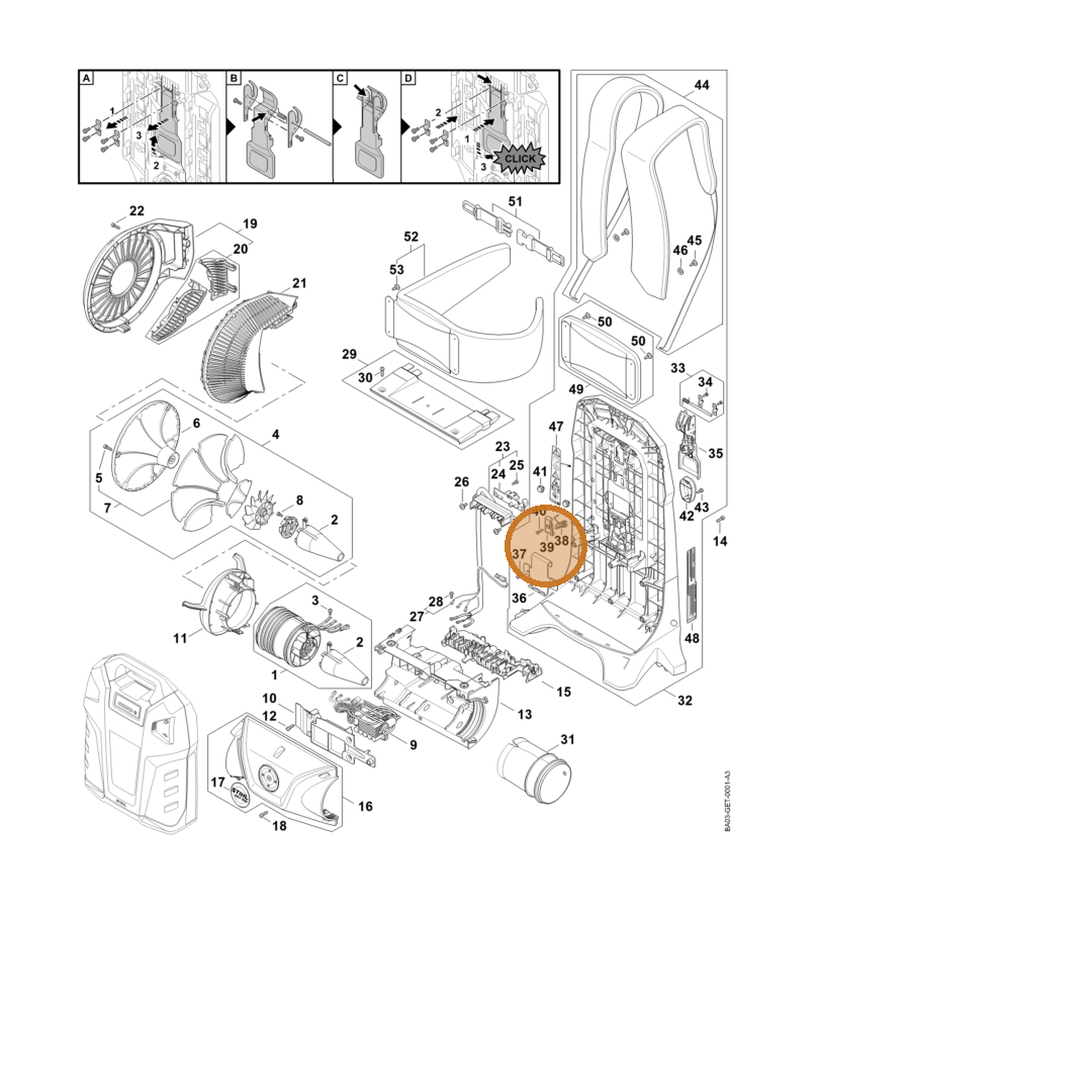 STIHL part BA03-791-7500 — IPL diagram snippet (6x zoom, amber highlight)