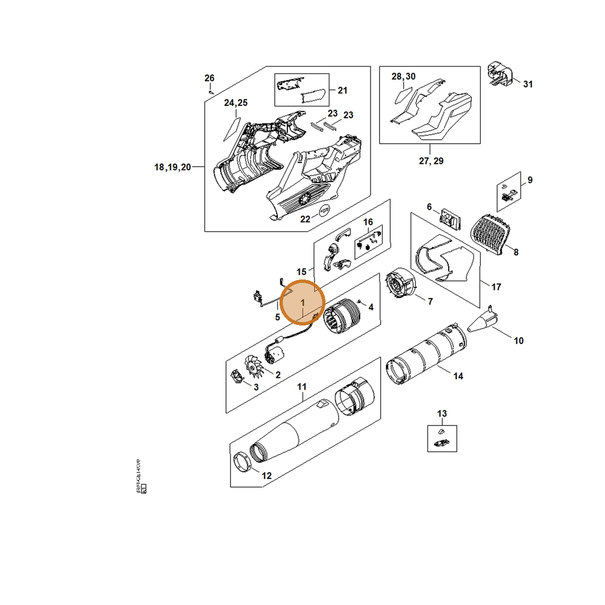 STIHL part BA04-600-0201 — IPL diagram snippet (6x zoom, amber highlight)