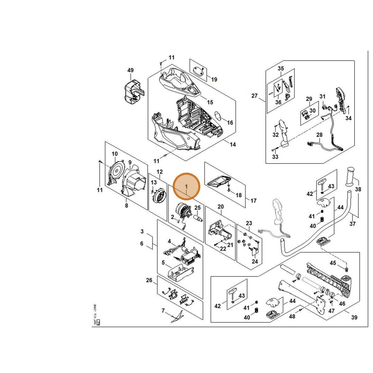 STIHL part FA01-600-0203 — IPL diagram snippet (6x zoom, amber highlight)