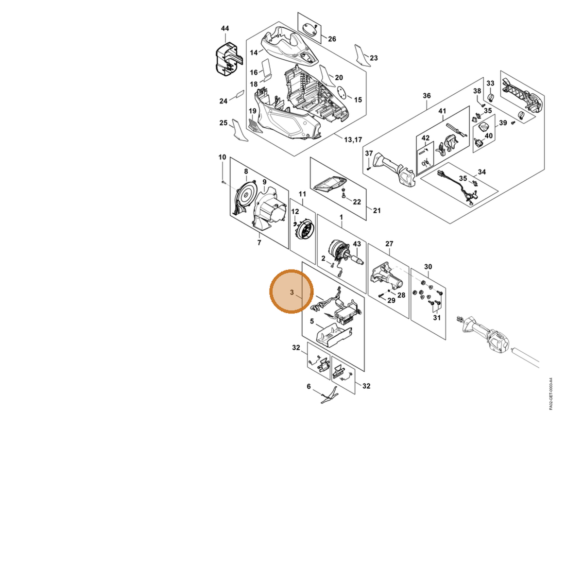 STIHL part FA02-430-1403 — IPL diagram snippet (6x zoom, amber highlight)