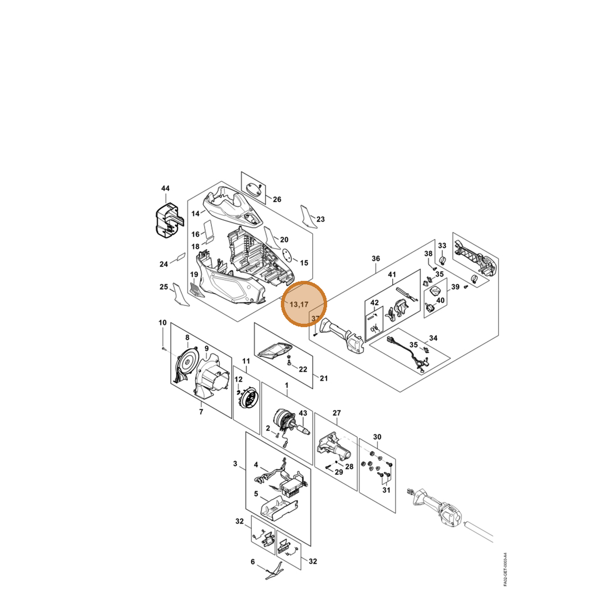 STIHL part FA02-600-0801 — IPL diagram snippet (6x zoom, amber highlight)