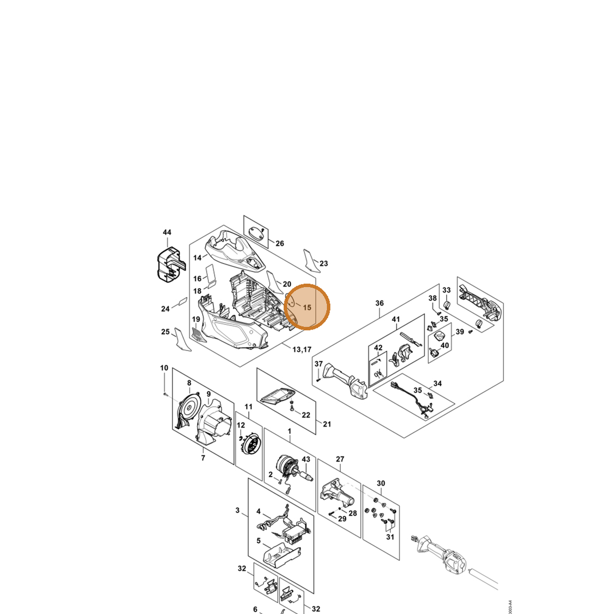 STIHL part FA02-967-1500 — IPL diagram snippet (6x zoom, amber highlight)