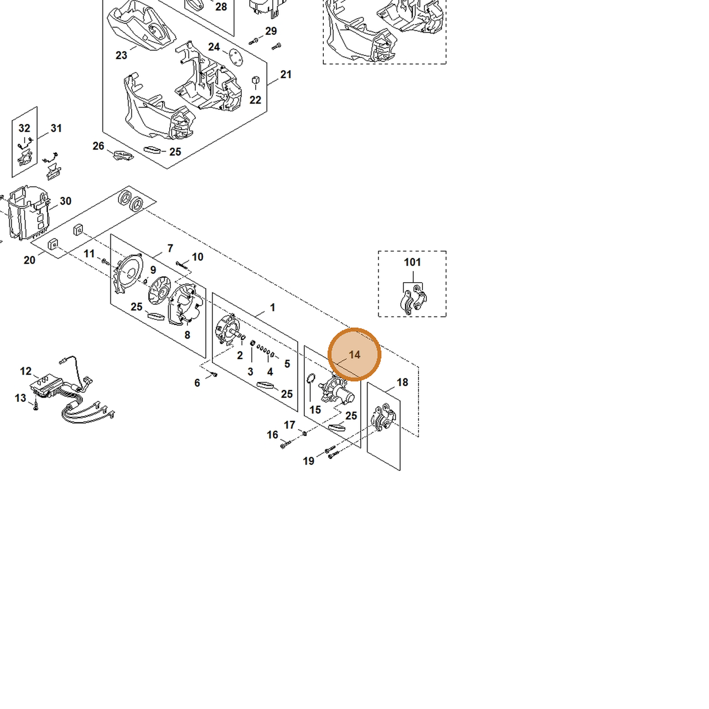 STIHL part FA03-600-3401 — IPL diagram snippet (6x zoom, amber highlight)