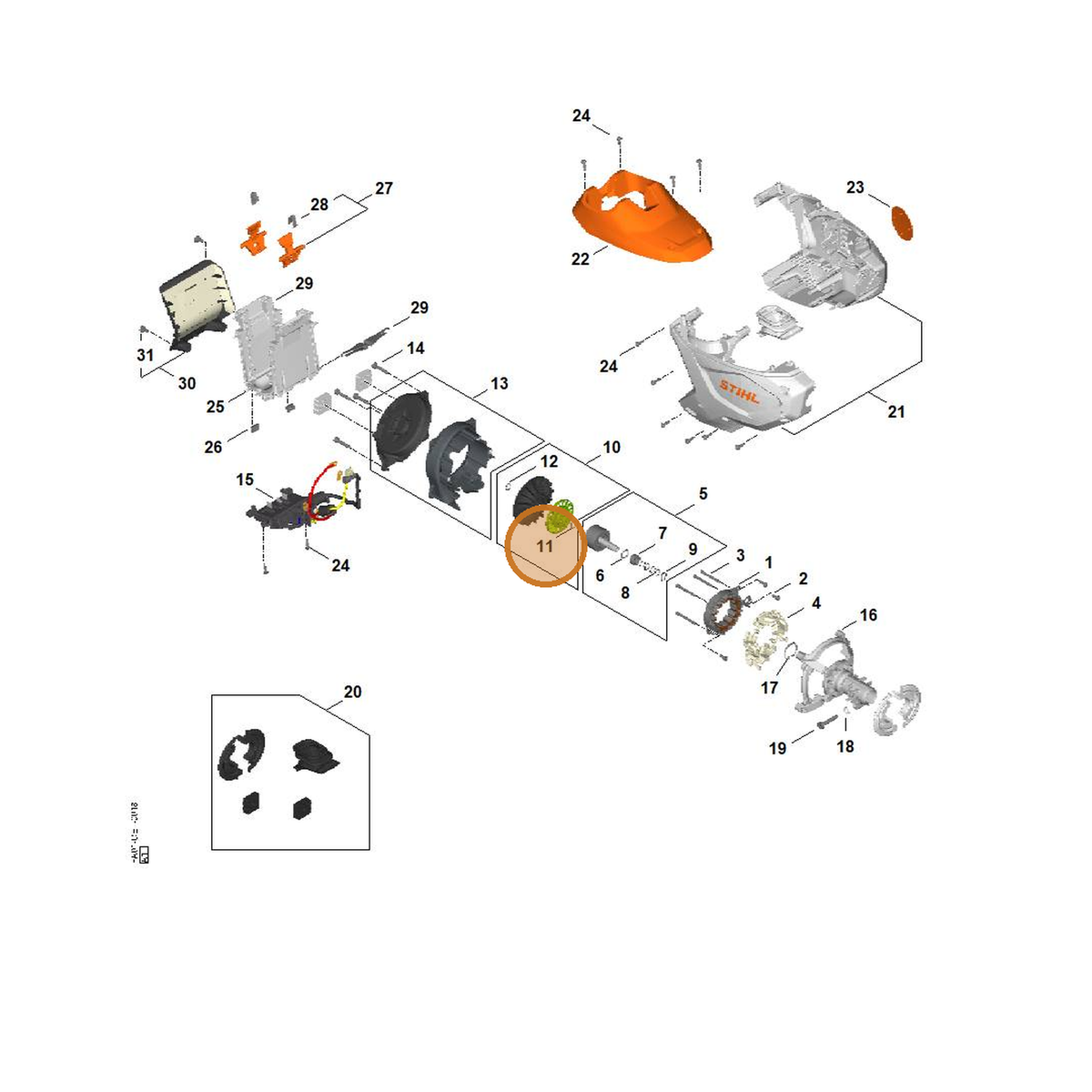 STIHL part FA03-608-1100 — IPL diagram snippet (6x zoom, amber highlight)