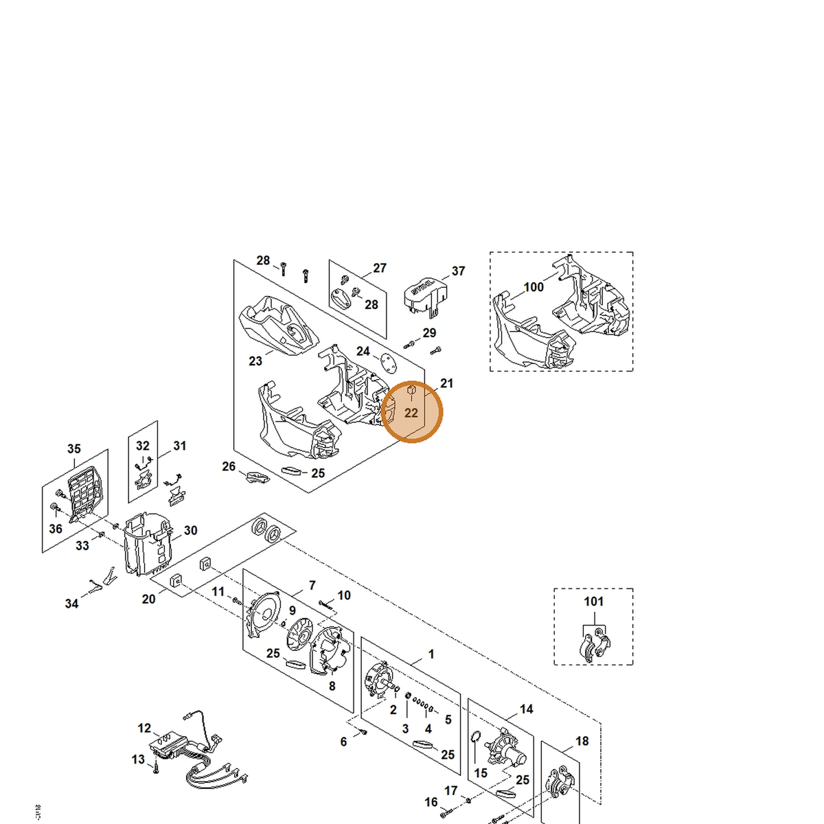 STIHL part FA03-609-0100 — IPL diagram snippet (6x zoom, amber highlight)