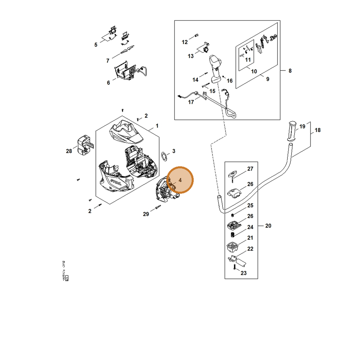 STIHL part FA08-011-6055 — IPL diagram snippet (6x zoom, amber highlight)