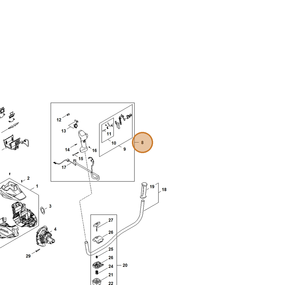 STIHL part FA08-790-1360 — IPL diagram snippet (6x zoom, amber highlight)
