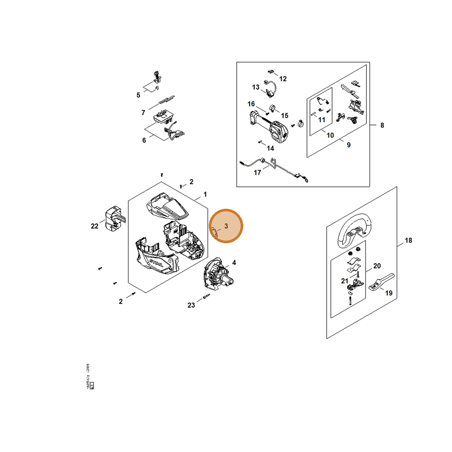 STIHL part FA08-967-1500 — IPL diagram snippet (6x zoom, amber highlight)