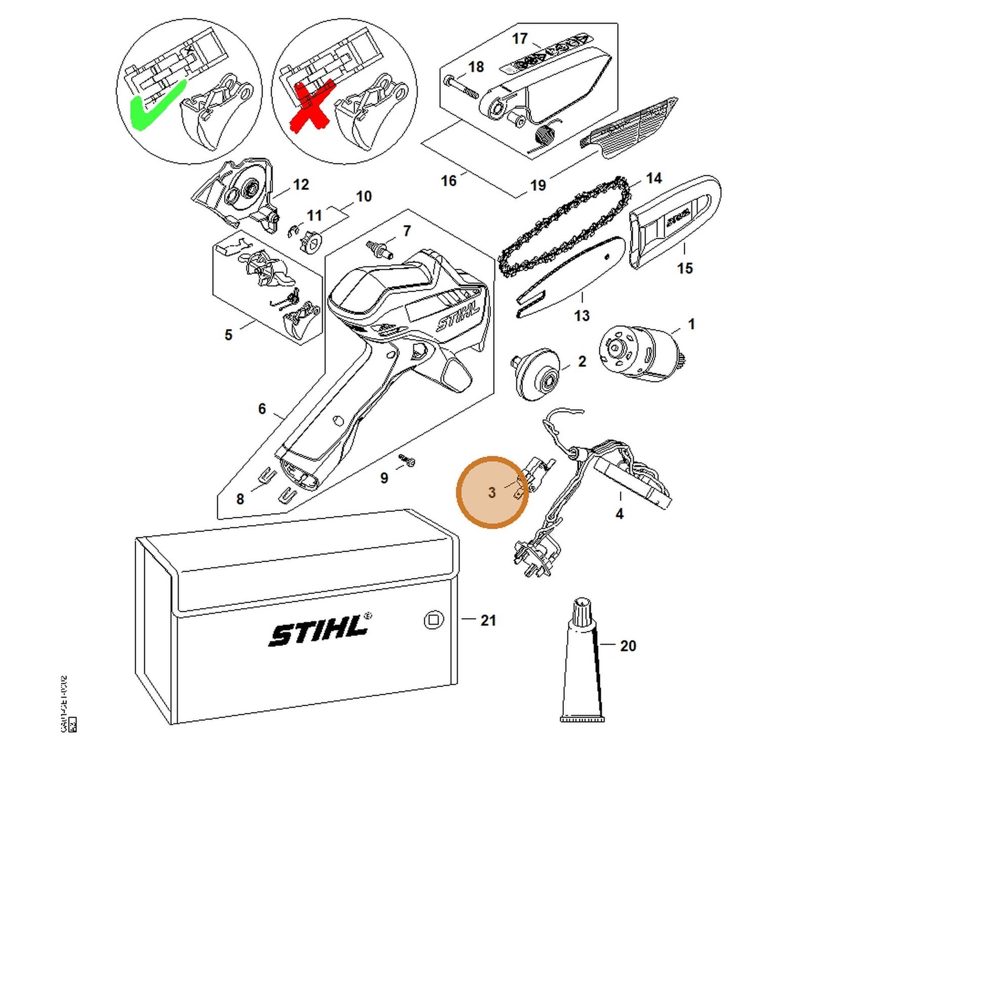 STIHL part GA01-435-0301 — IPL diagram snippet (6x zoom, amber highlight)