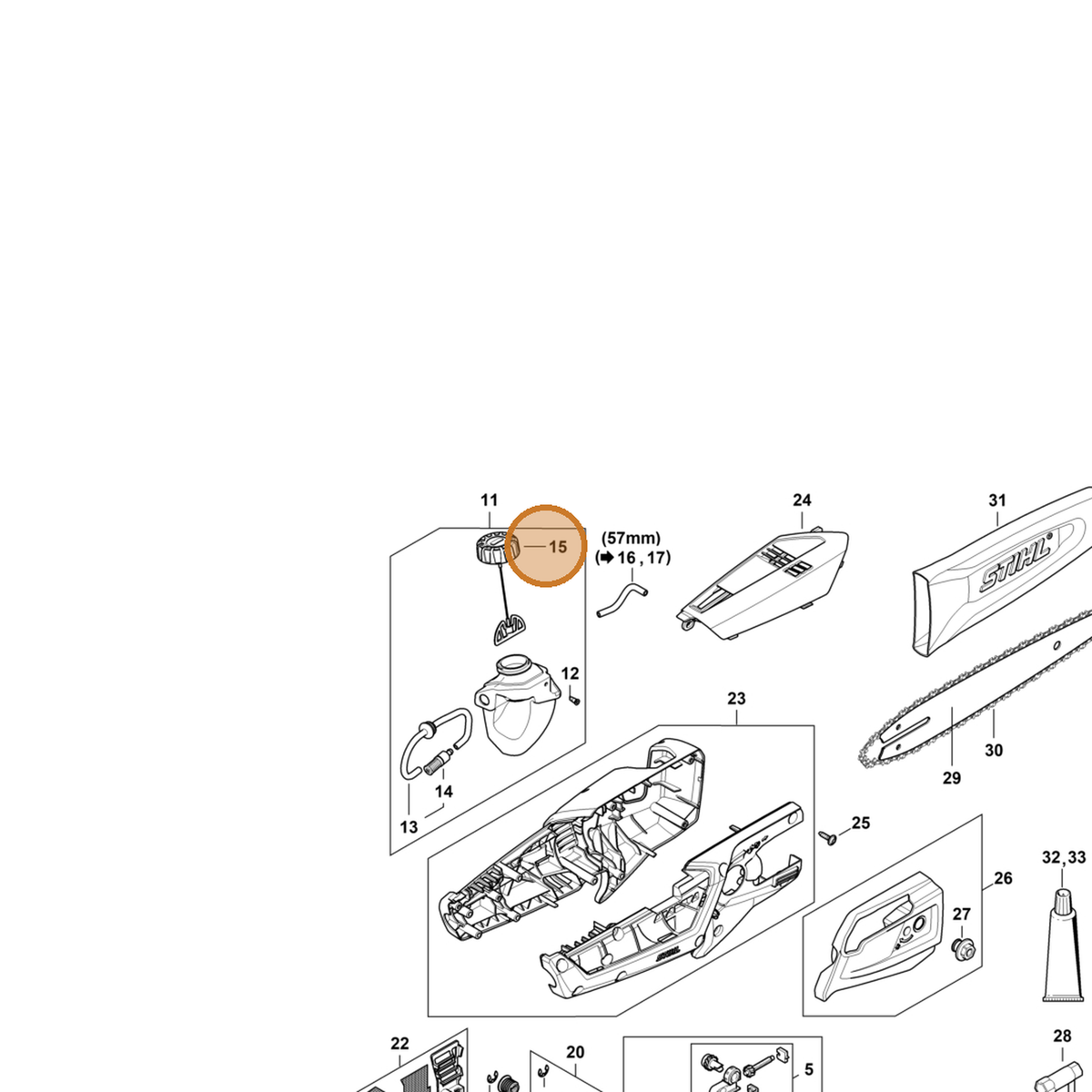 STIHL part LA02-350-0500 — IPL diagram snippet (6x zoom, amber highlight)