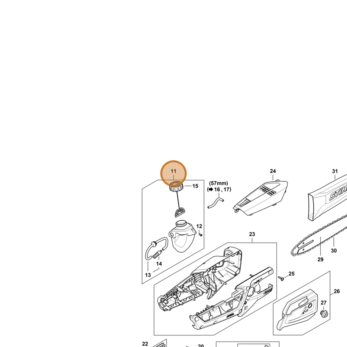 STIHL part LA02-350-4401 — IPL diagram snippet (6x zoom, amber highlight)