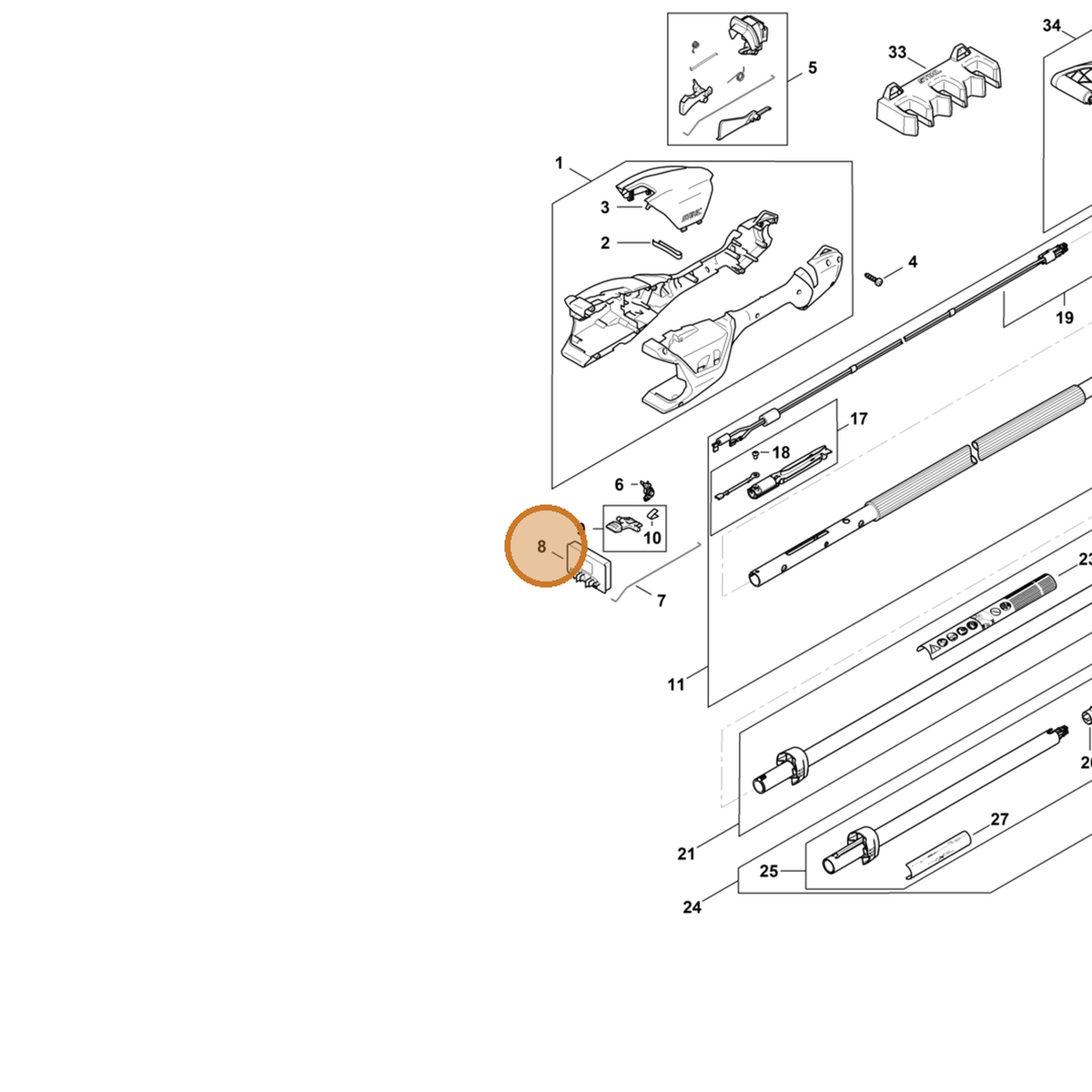 STIHL part LA02-430-1400 — IPL diagram snippet (6x zoom, amber highlight)