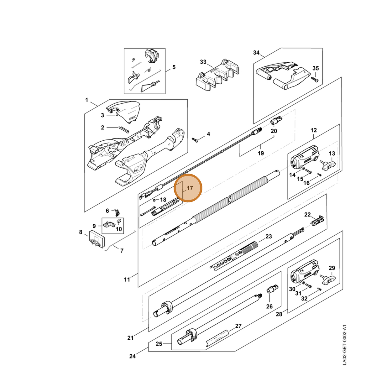 STIHL part LA02-440-3500 — IPL diagram snippet (6x zoom, amber highlight)