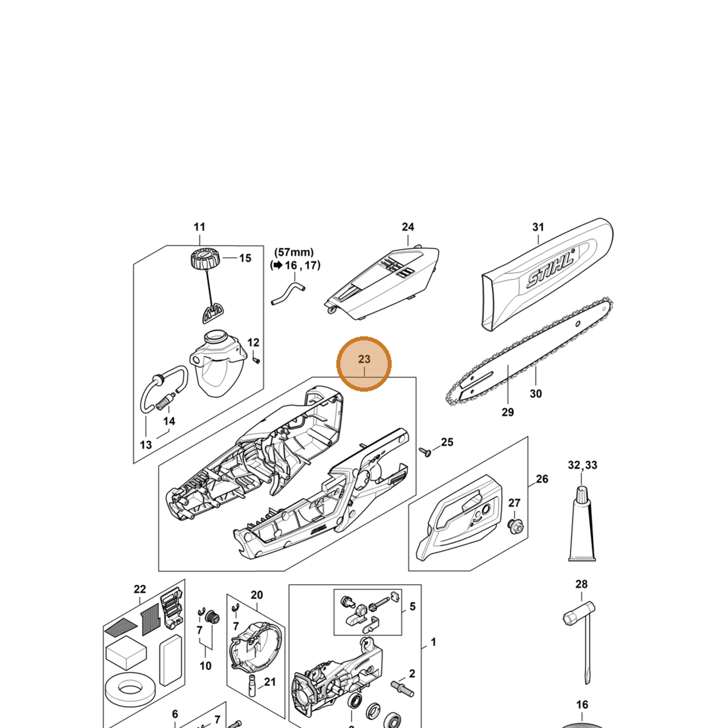 STIHL part LA02-600-0800 — IPL diagram snippet (6x zoom, amber highlight)