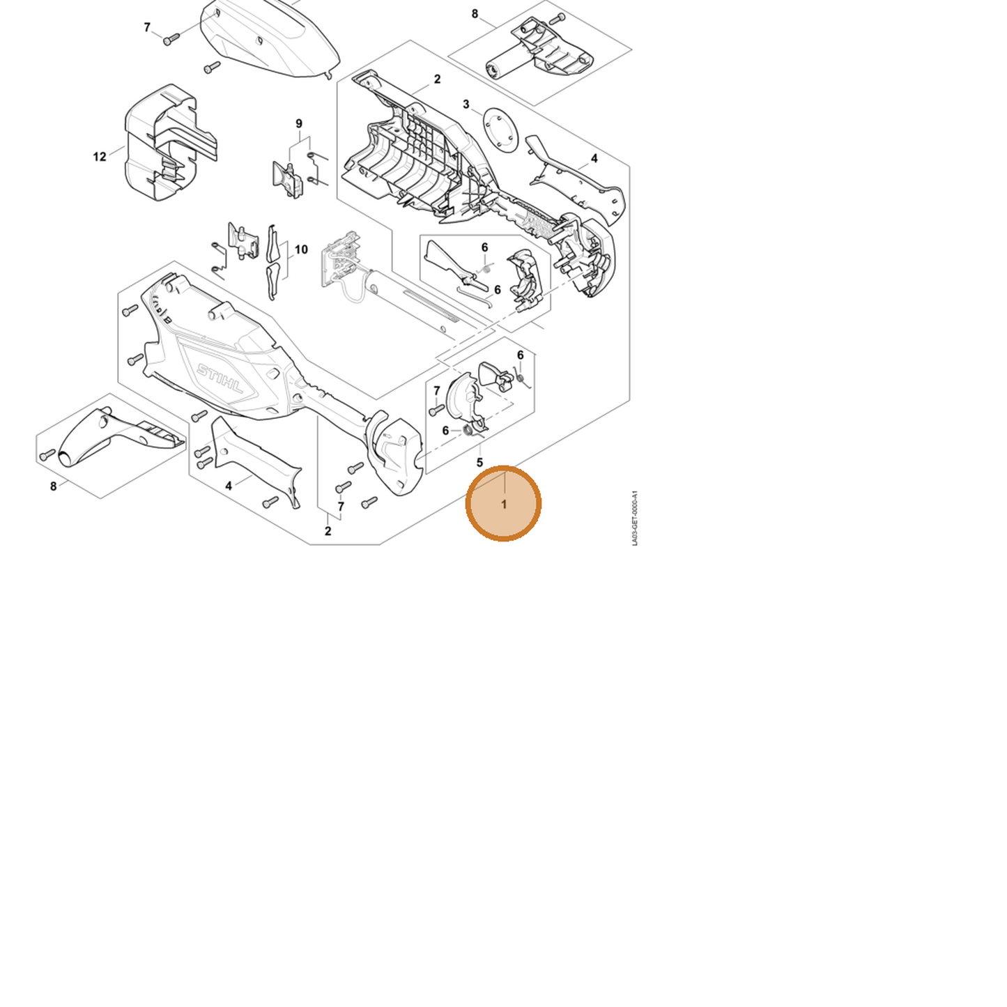 STIHL part LA03-790-1000 — IPL diagram snippet (6x zoom, amber highlight)