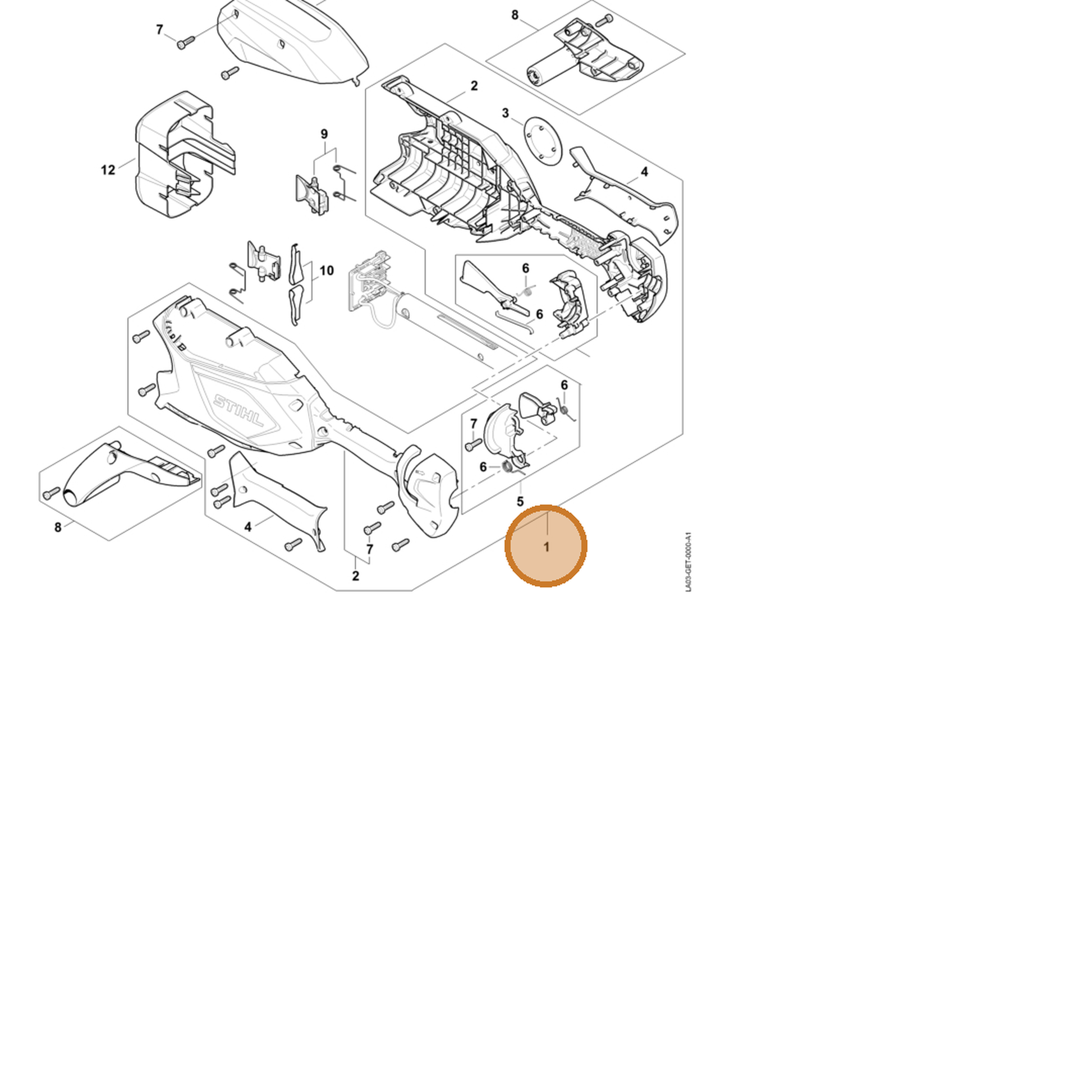 STIHL part LA03-790-1000 — IPL diagram snippet (6x zoom, amber highlight)