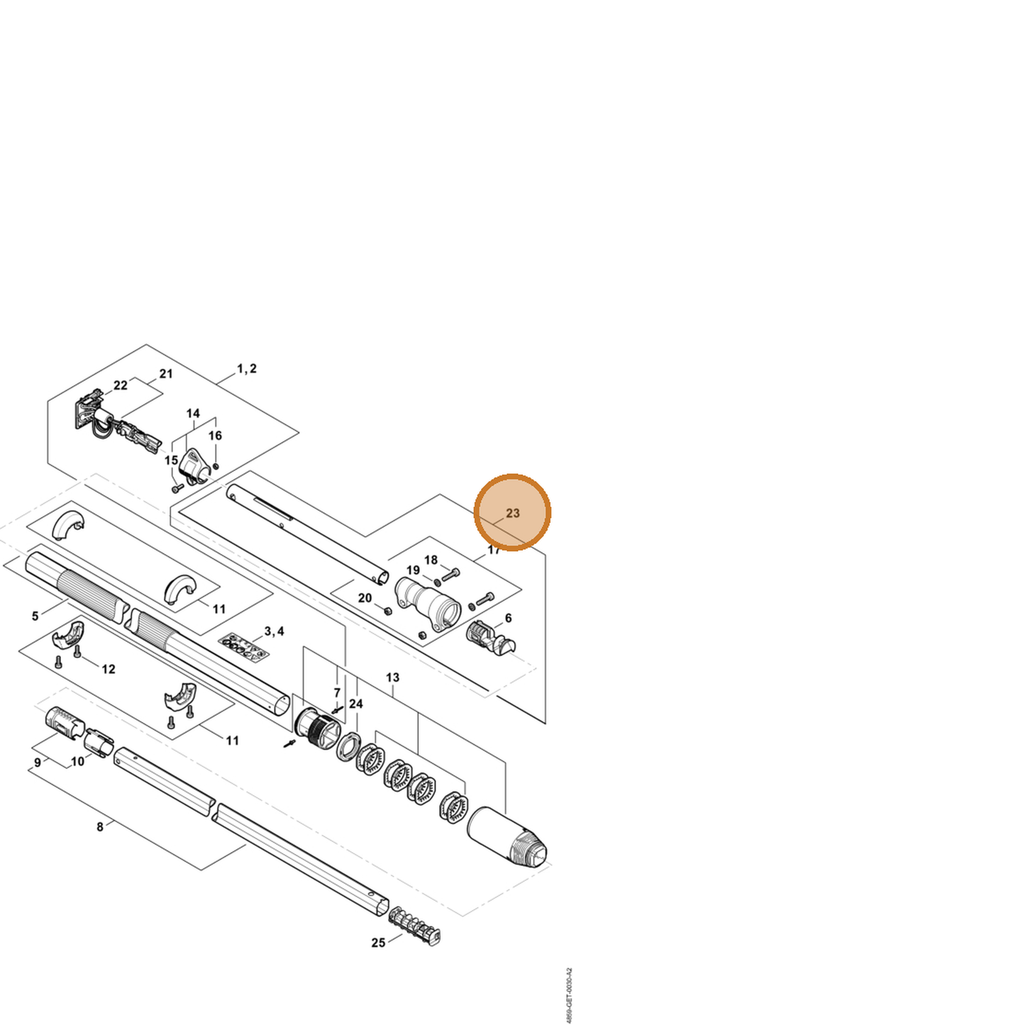 STIHL part LA03-820-5200 — IPL diagram snippet (6x zoom, amber highlight)