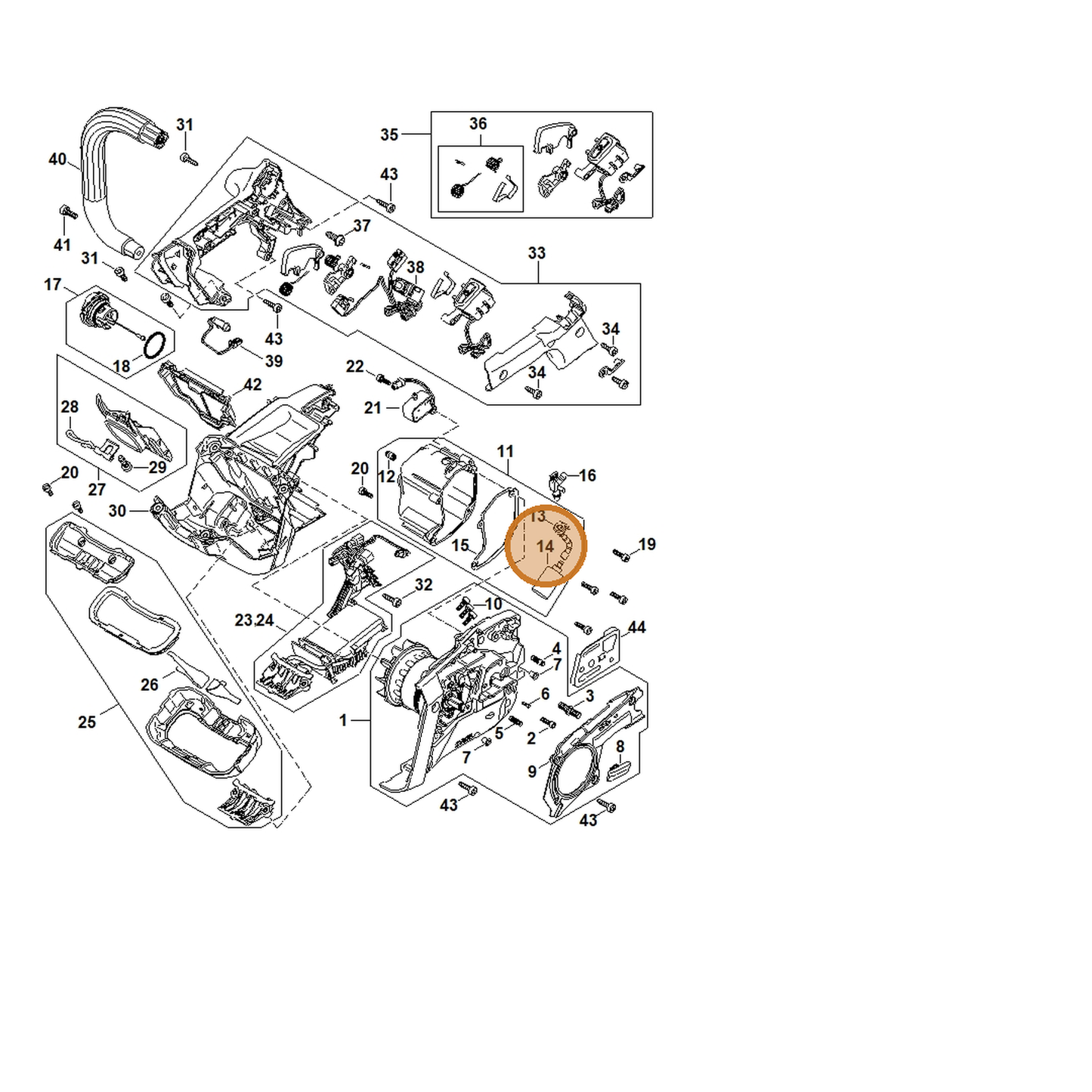 STIHL part MA01-640-3801 — IPL diagram snippet (6x zoom, amber highlight)