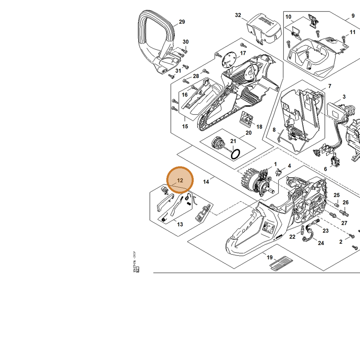 STIHL part MA03-007-3800 — IPL diagram snippet (6x zoom, amber highlight)