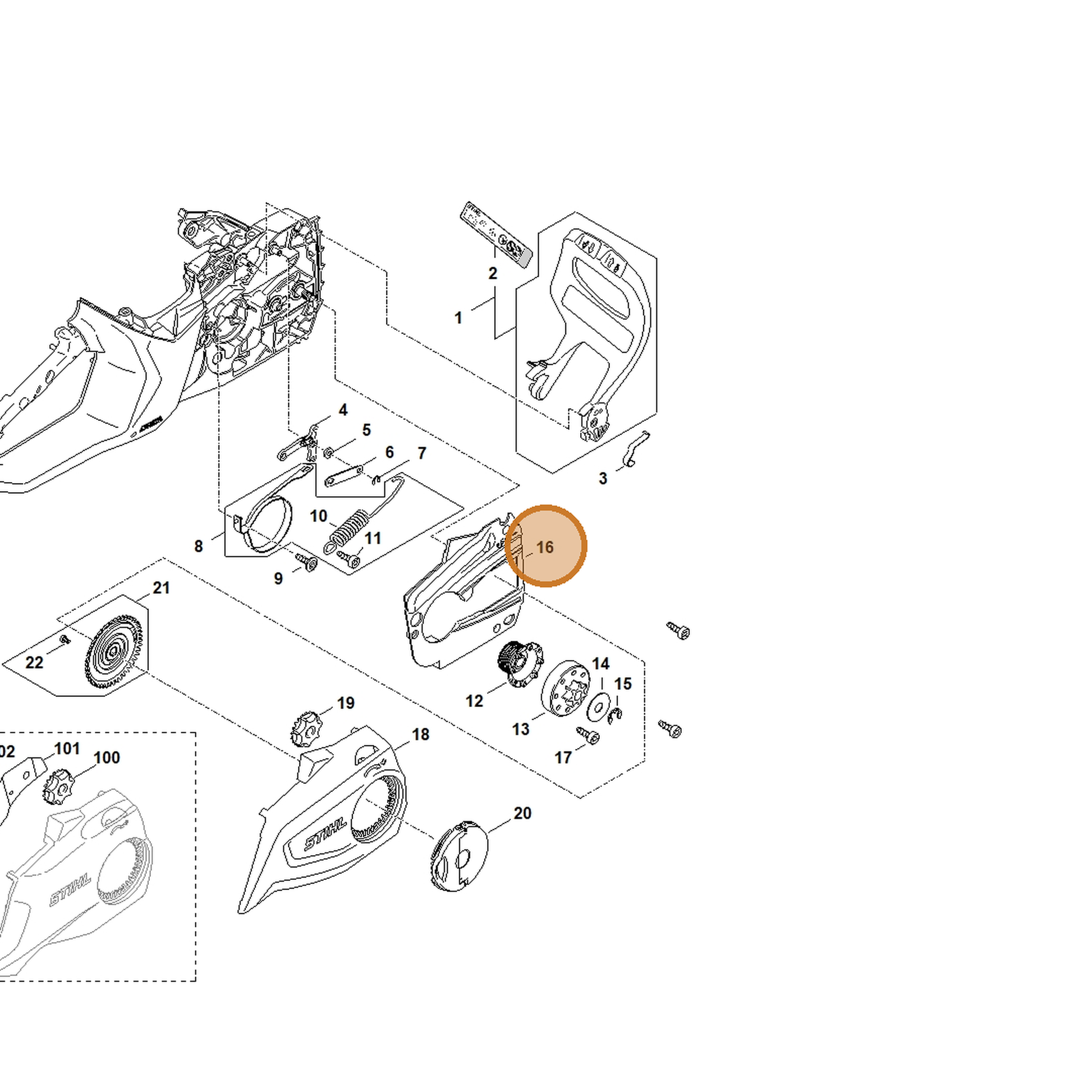 STIHL part MA03-021-1100 — IPL diagram snippet (6x zoom, amber highlight)