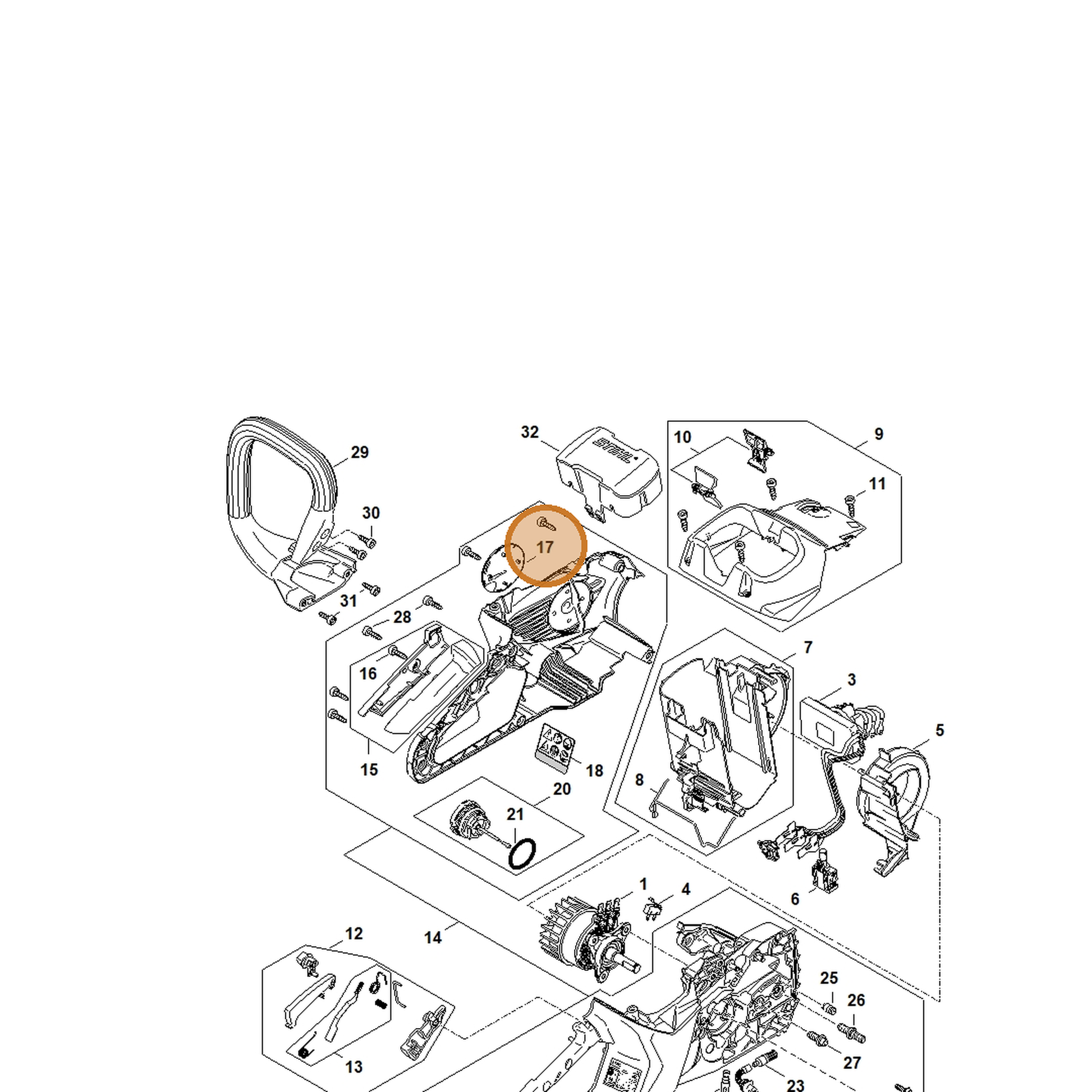 STIHL part MA03-967-1500 — IPL diagram snippet (6x zoom, amber highlight)