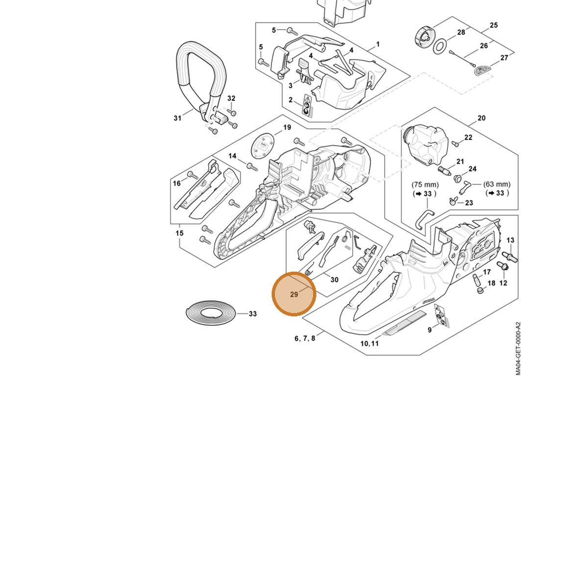 STIHL part MA04-007-3800 — IPL diagram snippet (6x zoom, amber highlight)
