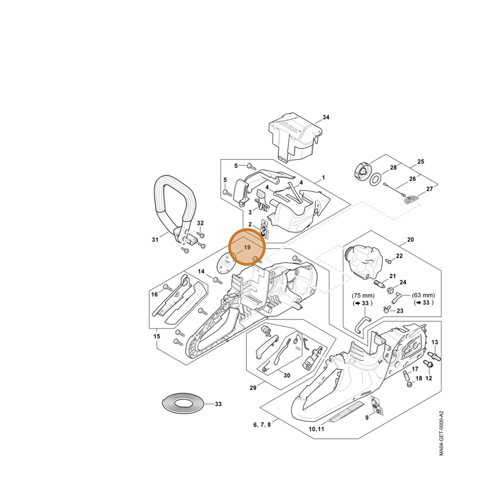 STIHL part MA04-967-1500 — IPL diagram snippet (6x zoom, amber highlight)