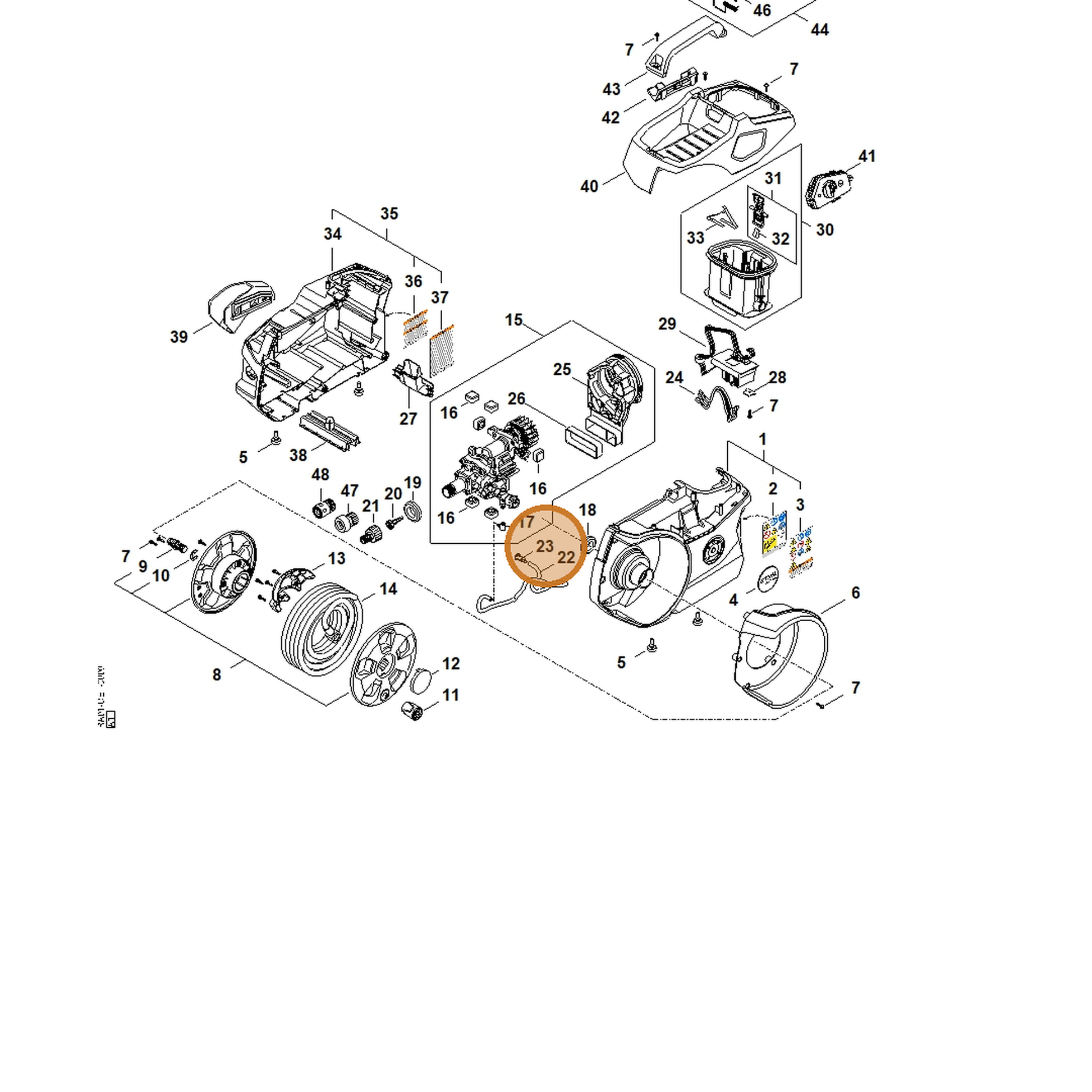 STIHL part RA01-500-2400 — IPL diagram snippet (6x zoom, amber highlight)