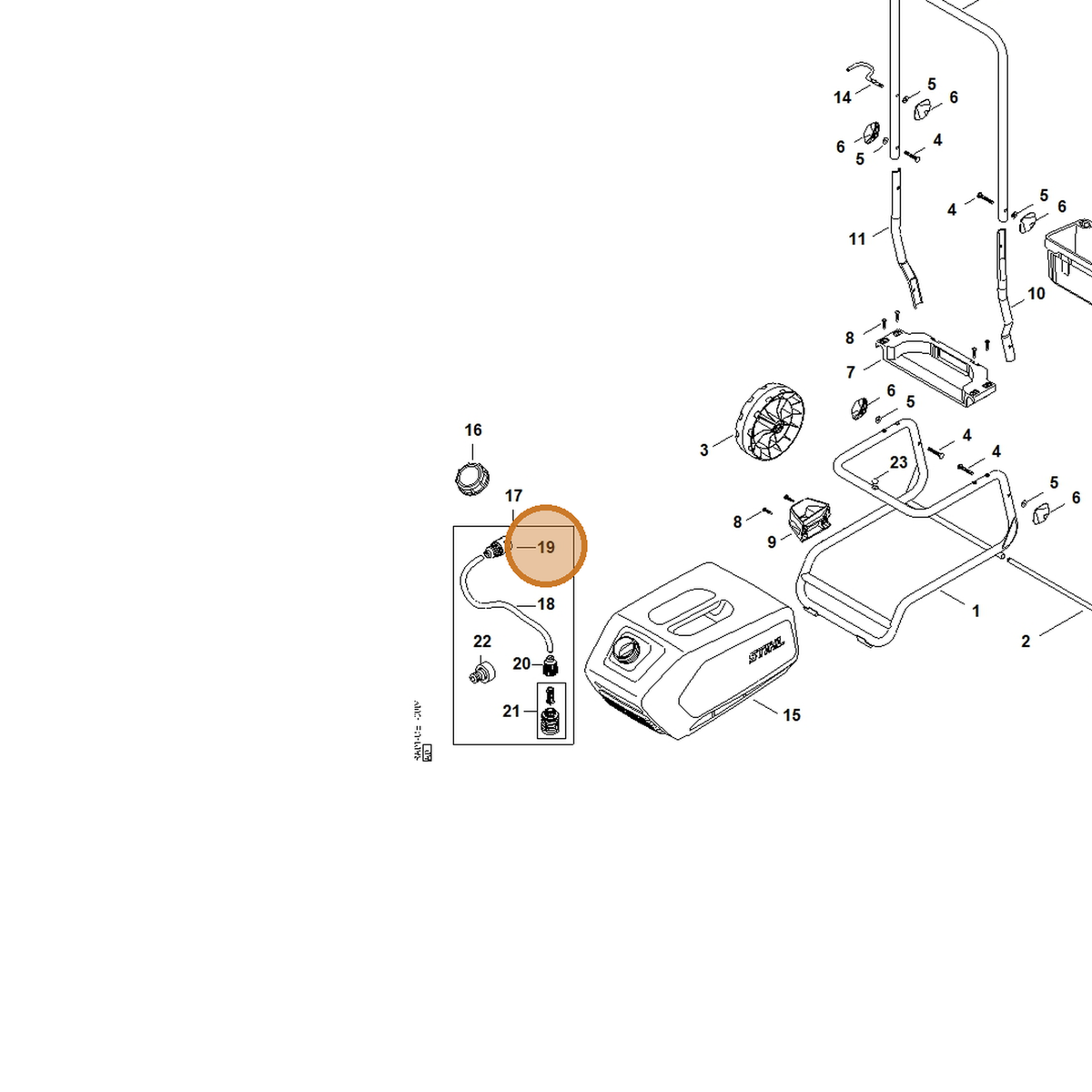 STIHL part RA01-701-0200 — IPL diagram snippet (6x zoom, amber highlight)