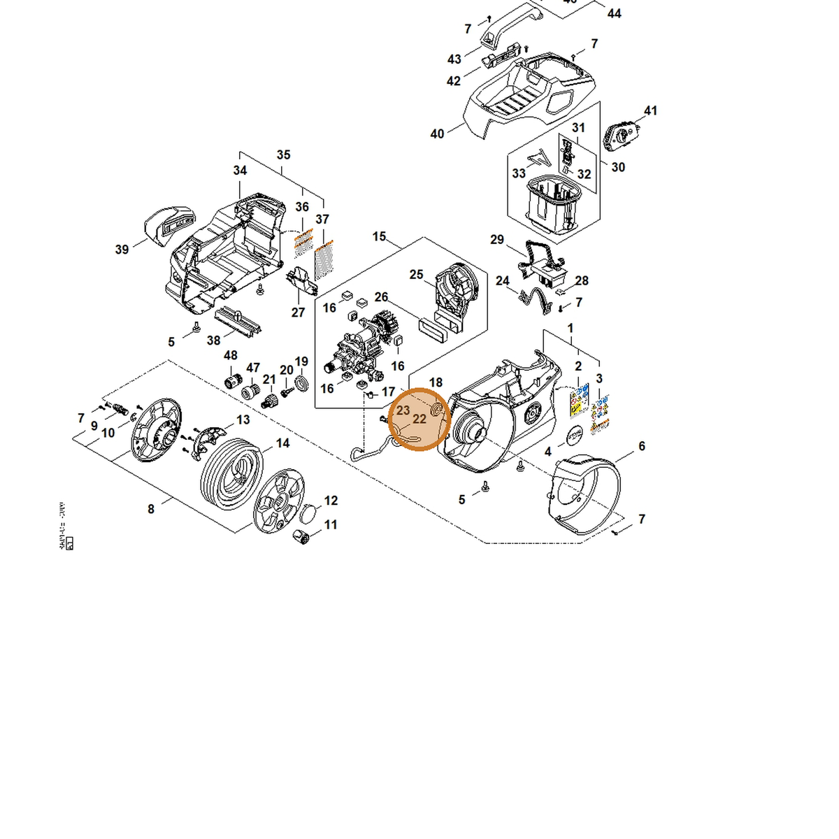 STIHL part RA01-740-9900 — IPL diagram snippet (6x zoom, amber highlight)
