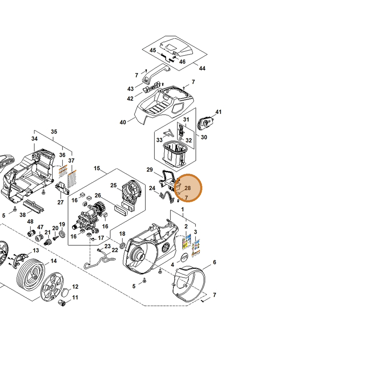 STIHL part RA01-958-7100 — IPL diagram snippet (6x zoom, amber highlight)