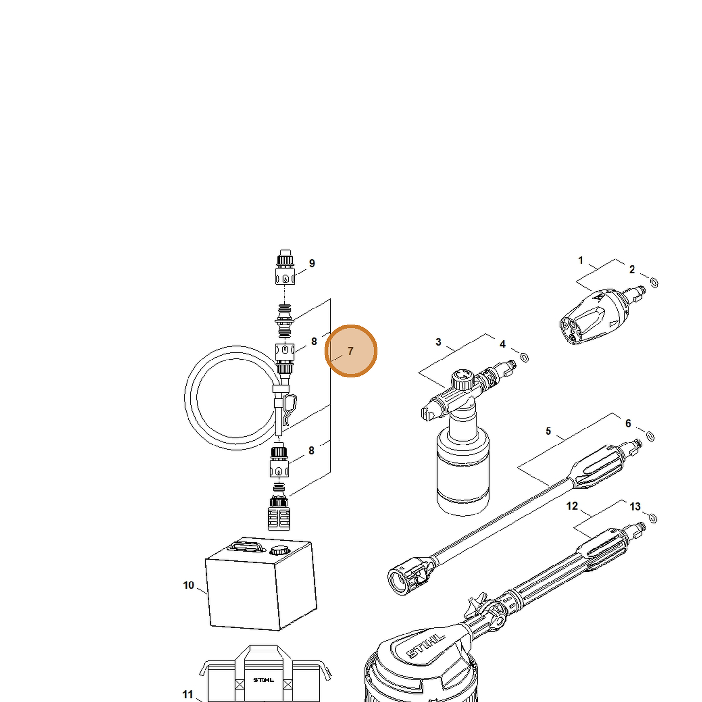 STIHL part RA02-500-0500 — IPL diagram snippet (6x zoom, amber highlight)
