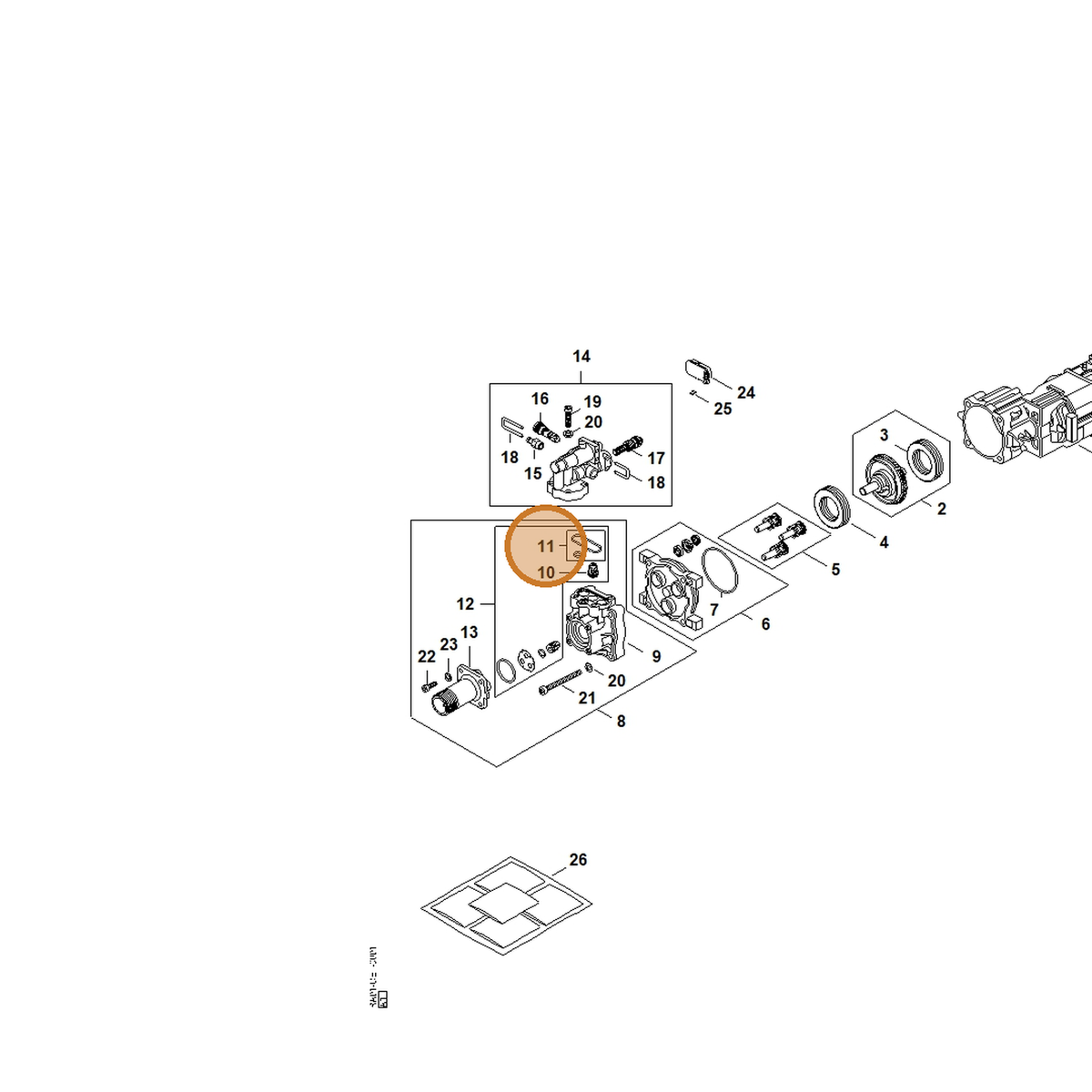 STIHL part RE02-007-0810 — IPL diagram snippet (6x zoom, amber highlight)