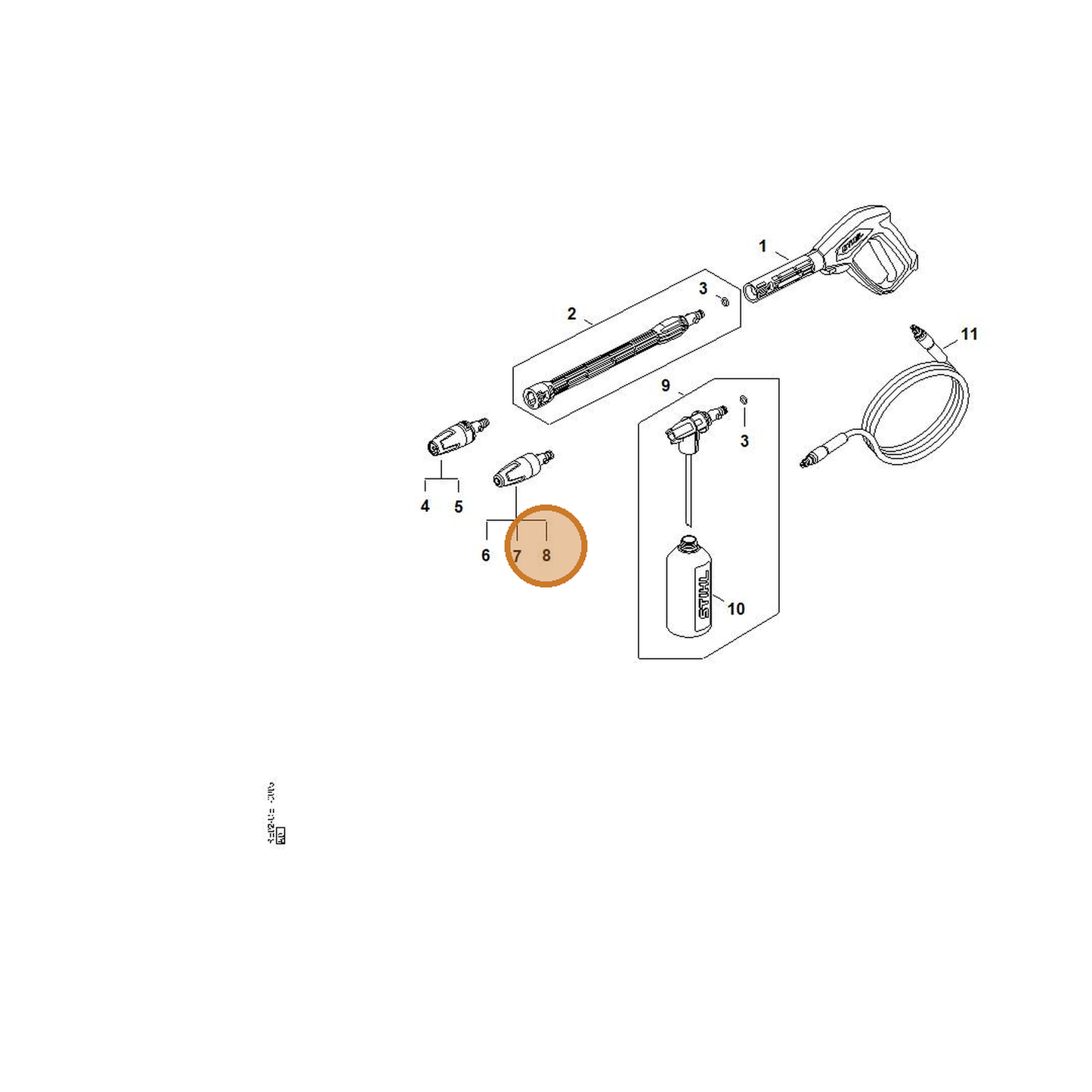 STIHL part RE02-500-1605 — IPL diagram snippet (6x zoom, amber highlight)