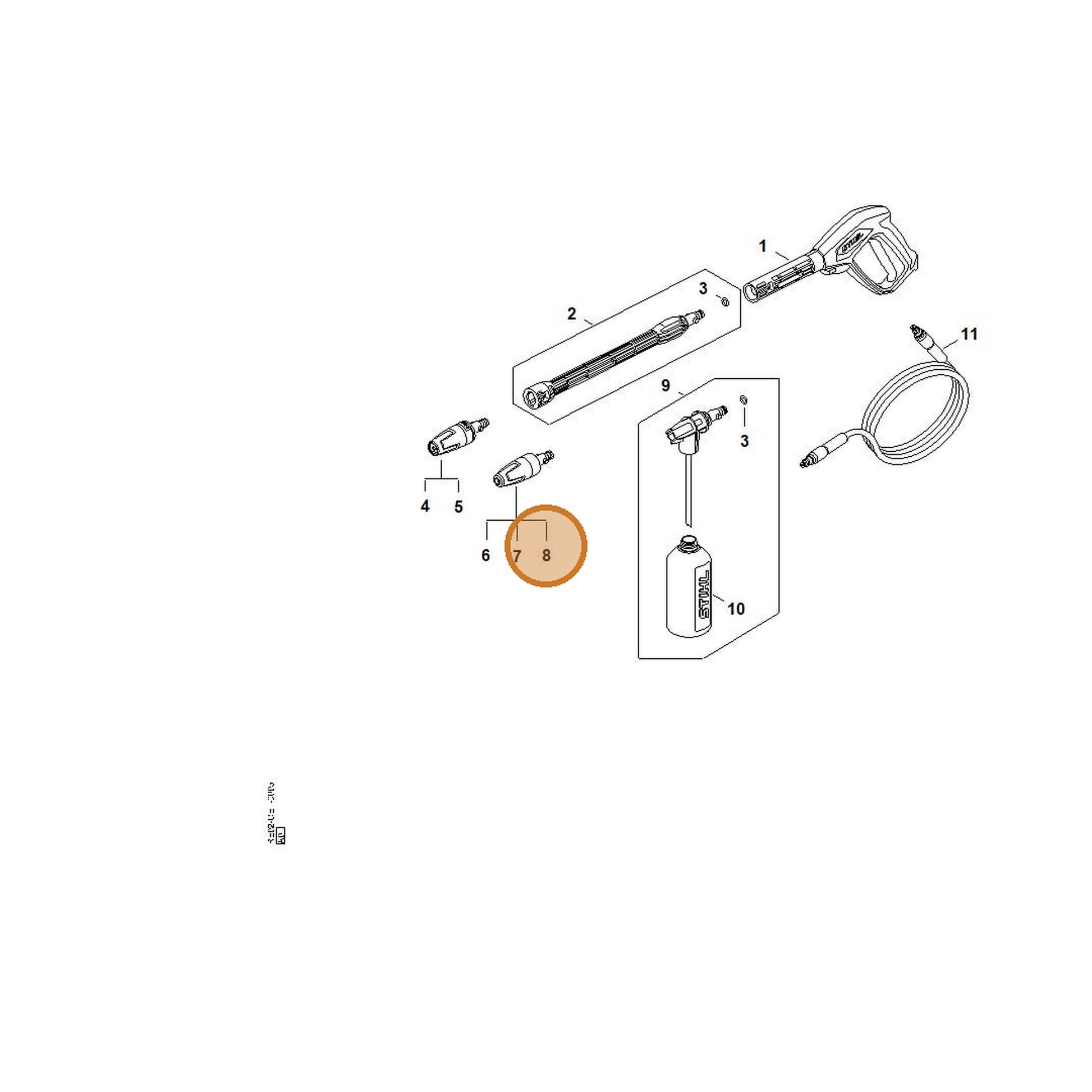 STIHL part RE02-500-1605 — IPL diagram snippet (6x zoom, amber highlight)