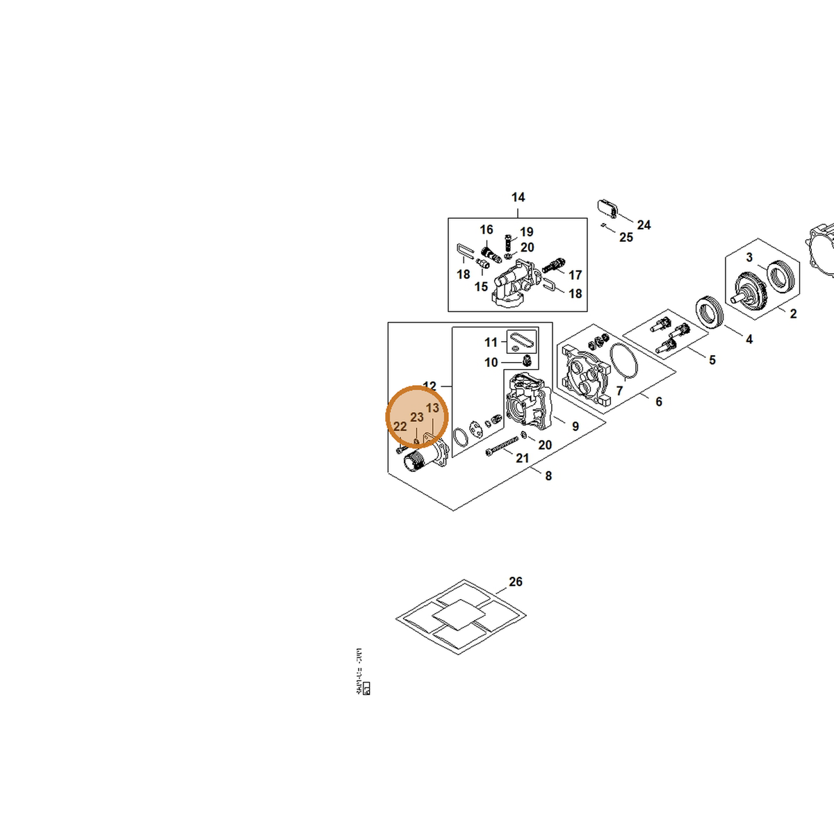 STIHL part RE02-518-0601 — IPL diagram snippet (6x zoom, amber highlight)