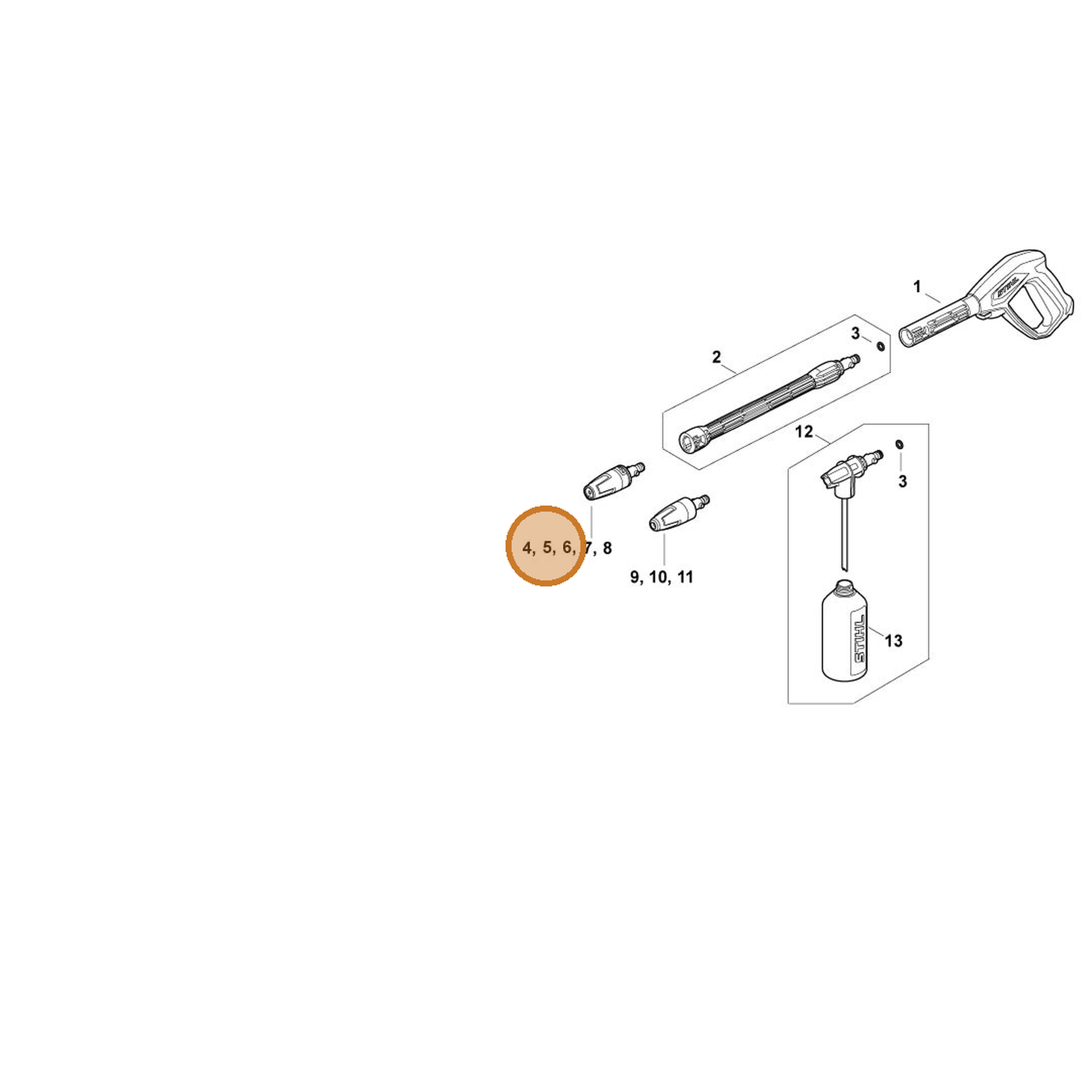 STIHL part RE02-530-0006 — IPL diagram snippet (6x zoom, amber highlight)
