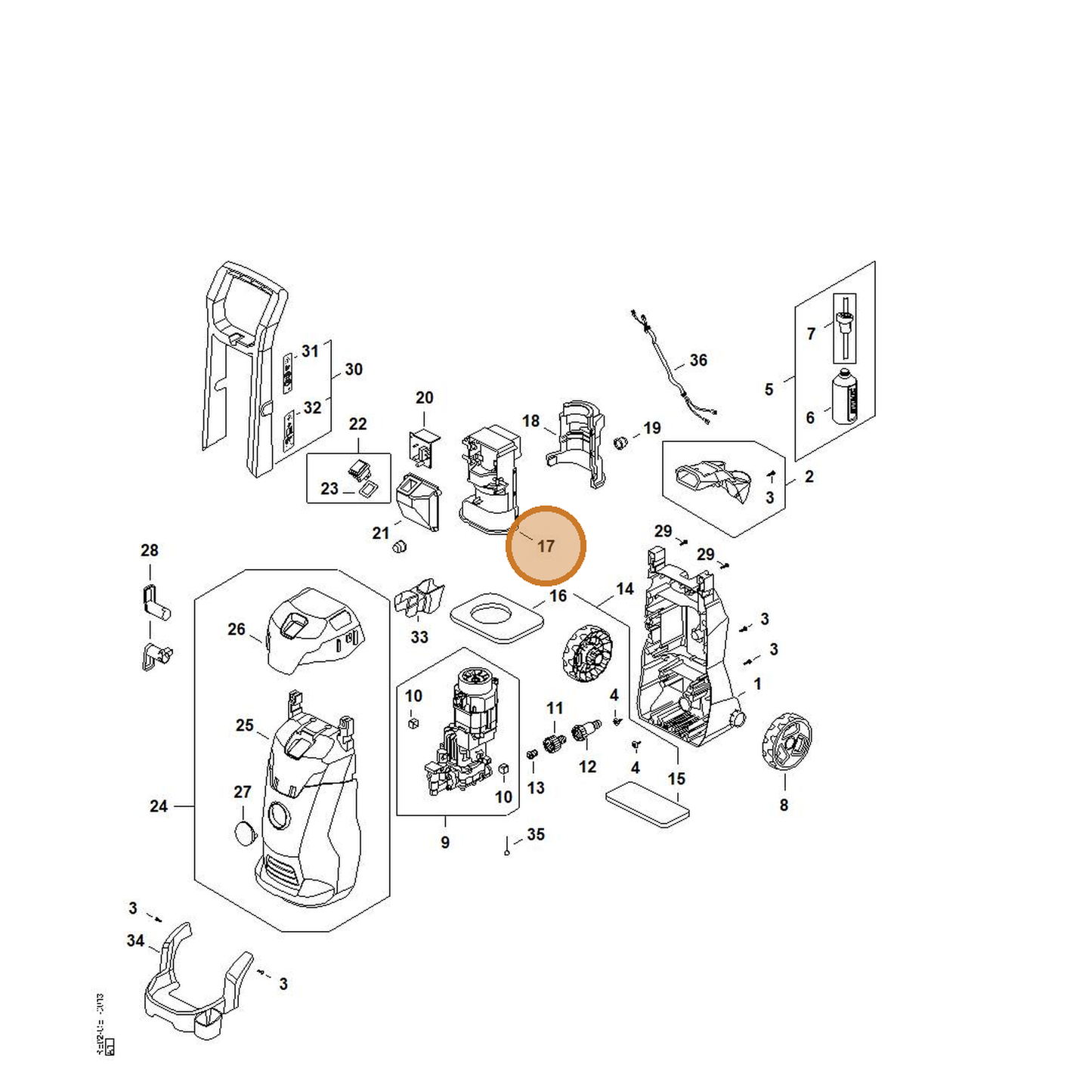 STIHL part RE02-602-2201 — IPL diagram snippet (6x zoom, amber highlight)