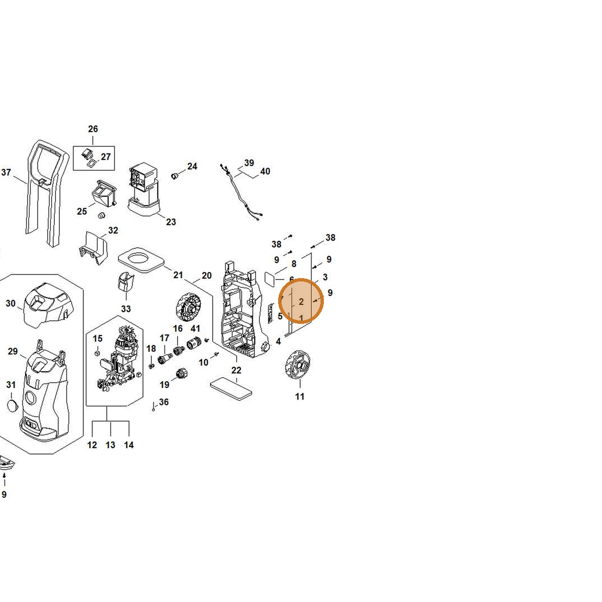STIHL part RE02-790-5121 — IPL diagram snippet (6x zoom, amber highlight)