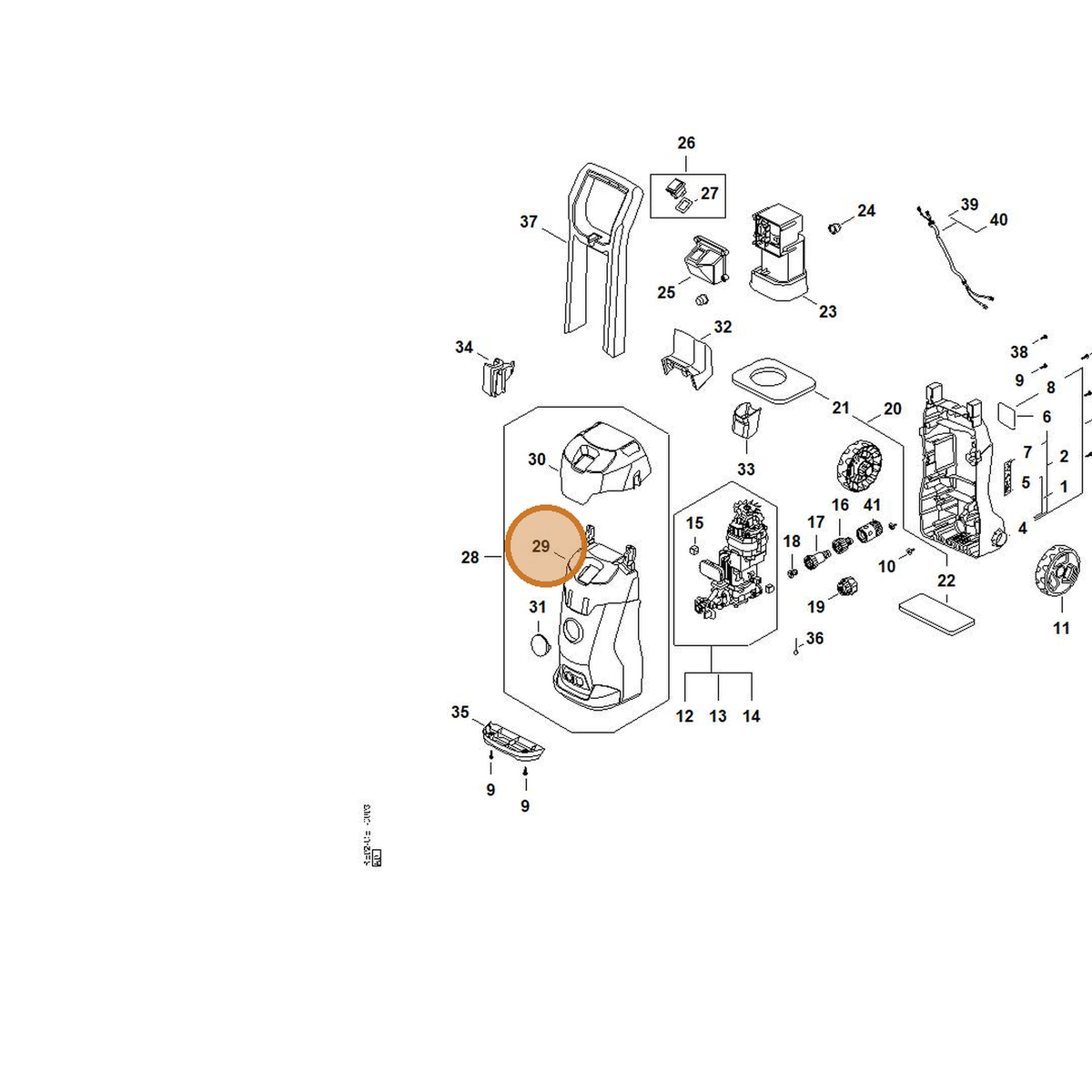 STIHL part RE02-791-7501 — IPL diagram snippet (6x zoom, amber highlight)