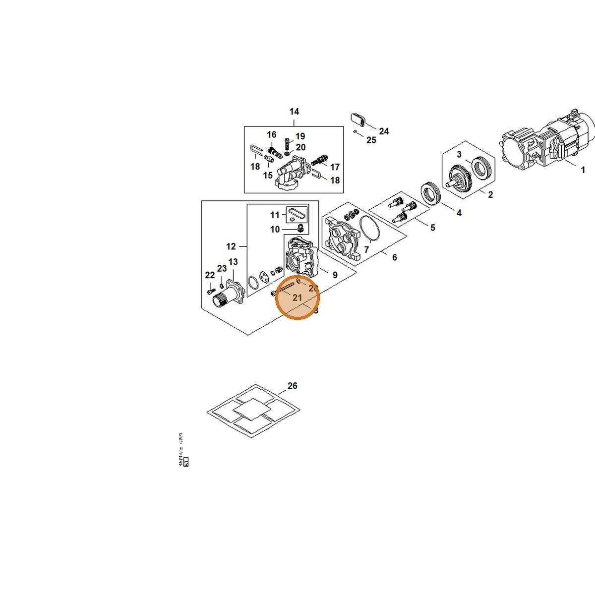 STIHL part RE02-951-3506 — IPL diagram snippet (6x zoom, amber highlight)