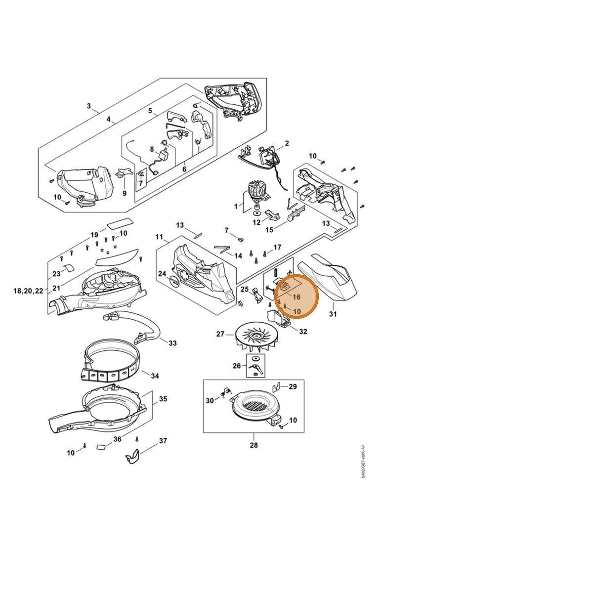 STIHL part SA02-400-0600 — IPL diagram snippet (6x zoom, amber highlight)