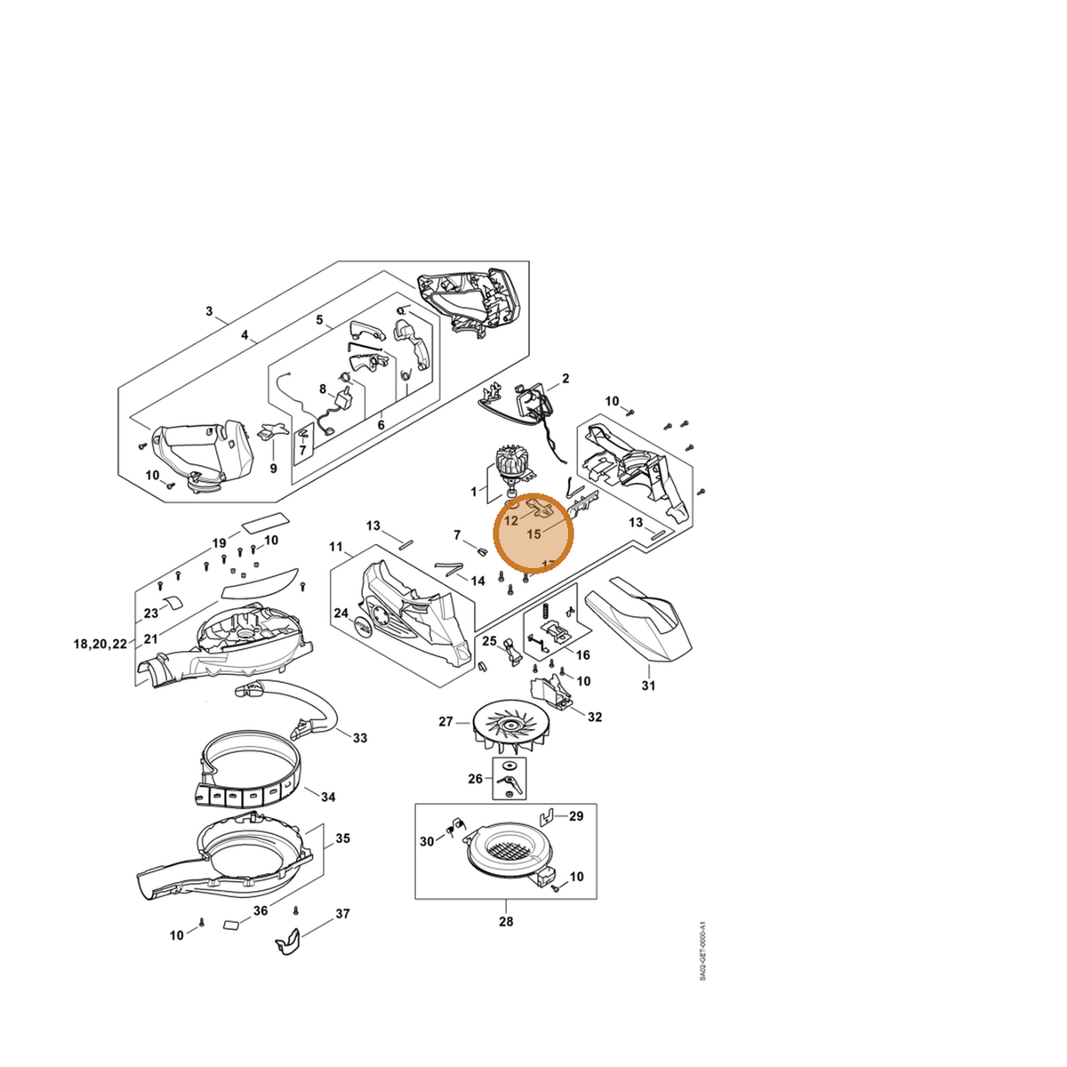 STIHL part SA02-404-0801 — IPL diagram snippet (6x zoom, amber highlight)