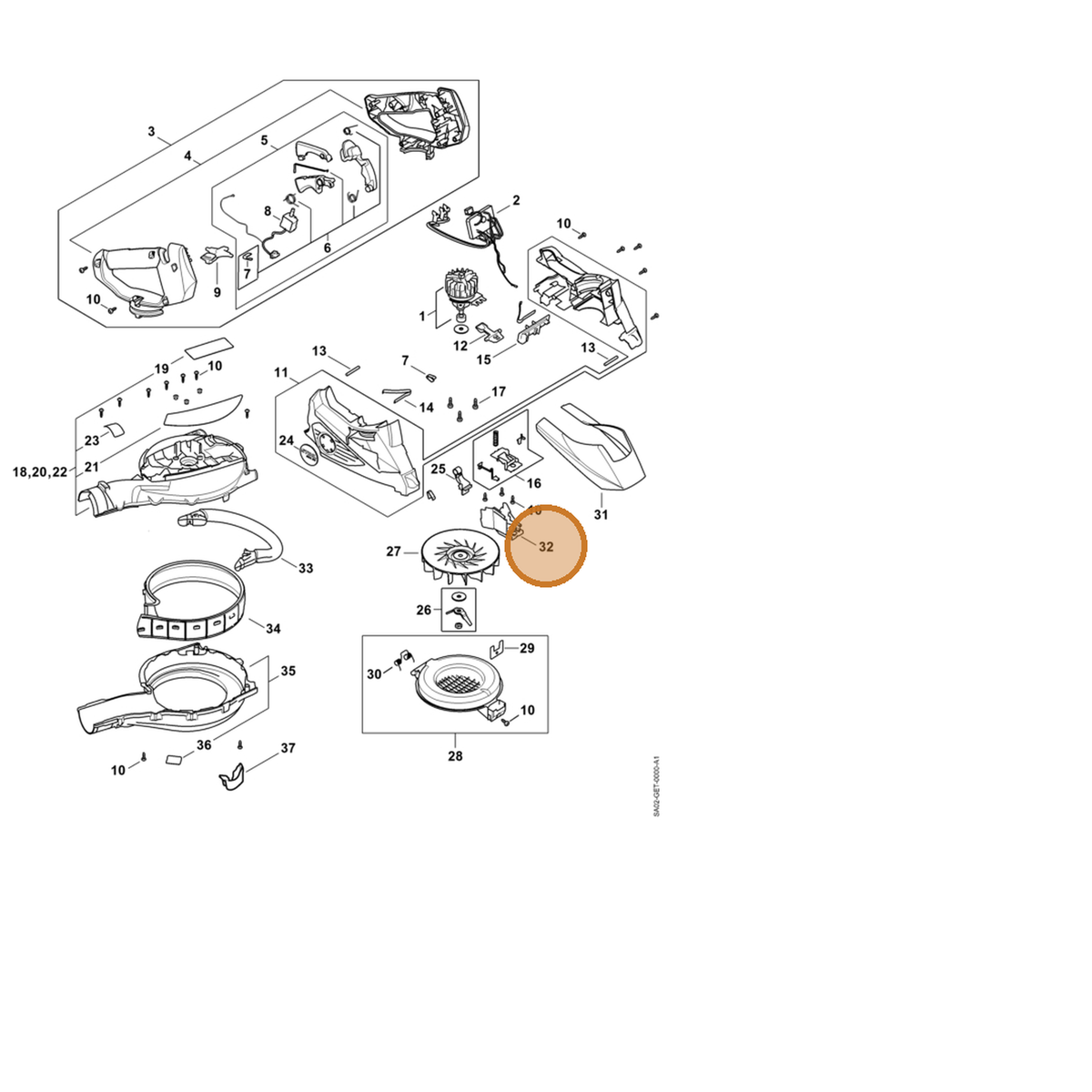 STIHL part SA02-435-2700 — IPL diagram snippet (6x zoom, amber highlight)