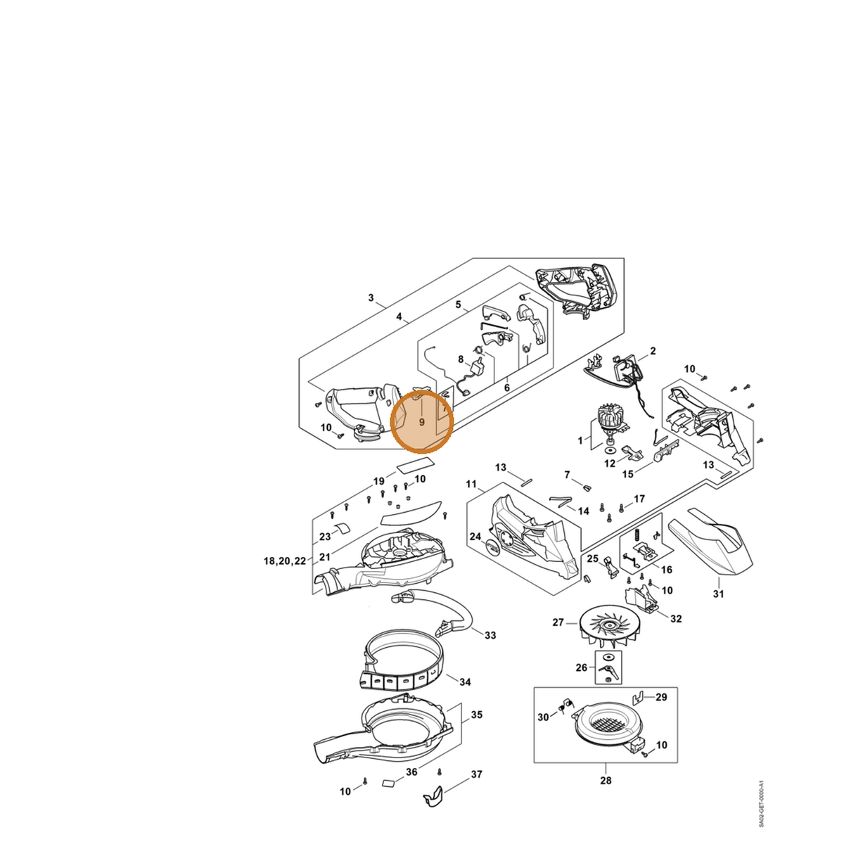 STIHL part SA02-435-7301 — IPL diagram snippet (6x zoom, amber highlight)