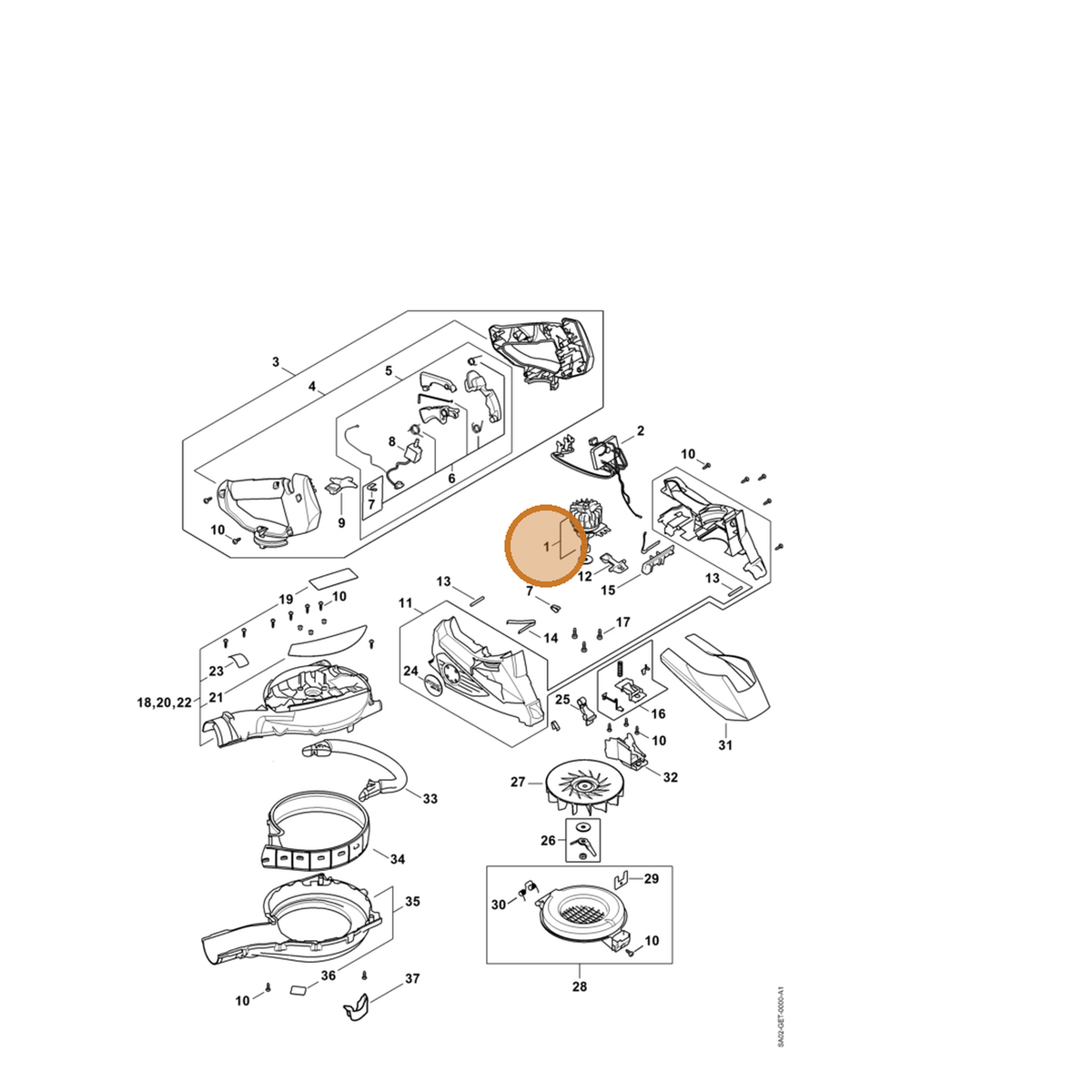 STIHL part SA02-600-0201 — IPL diagram snippet (6x zoom, amber highlight)