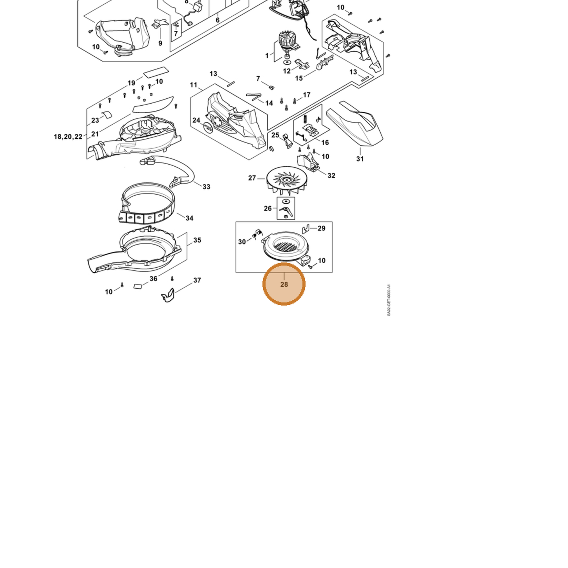 STIHL part SA02-760-8100 — IPL diagram snippet (6x zoom, amber highlight)