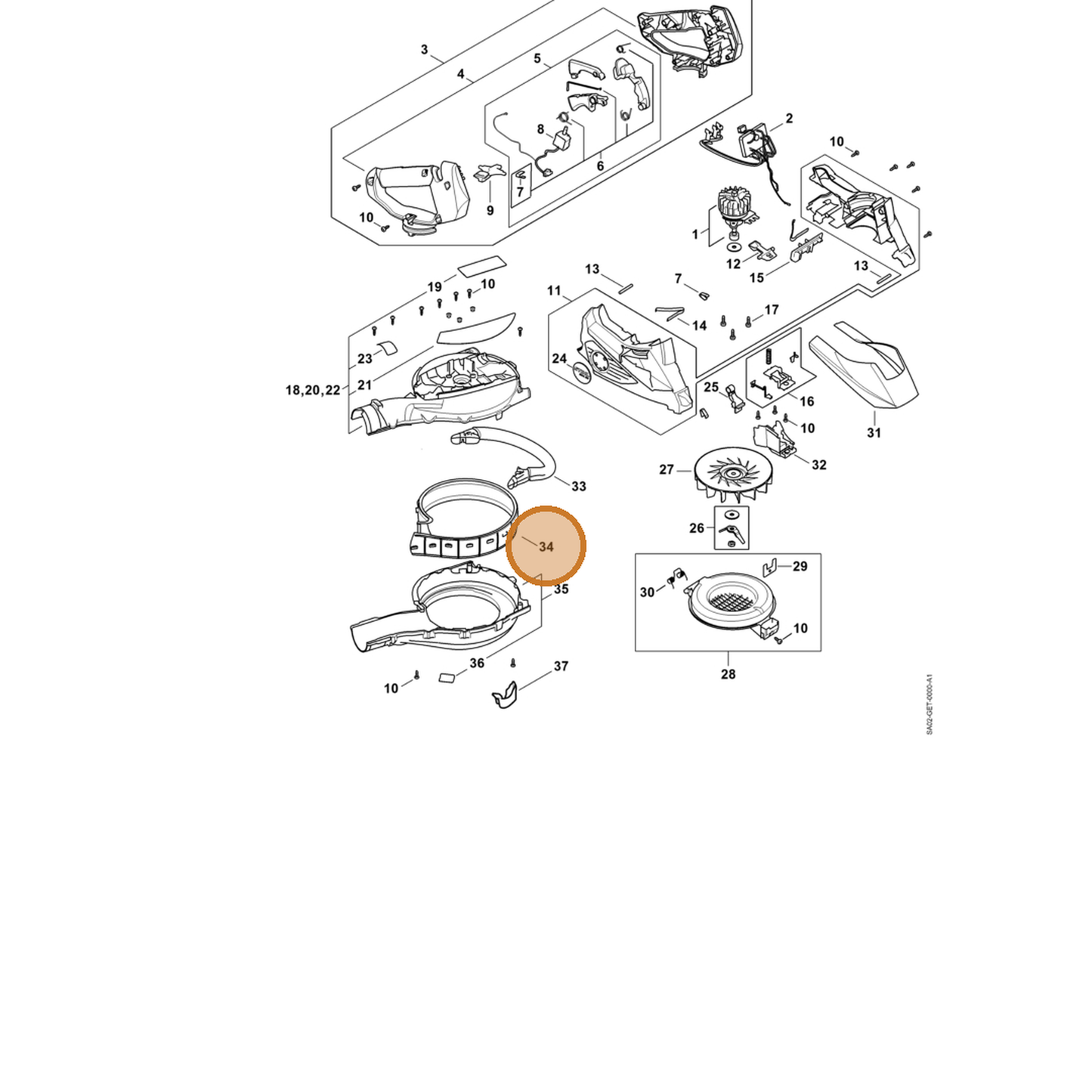 STIHL part SA02-761-1500 — IPL diagram snippet (6x zoom, amber highlight)