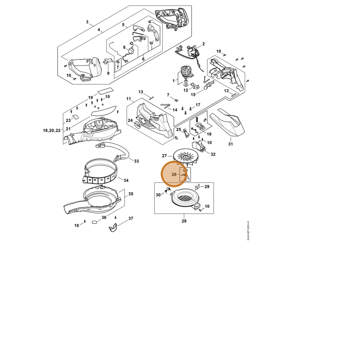 STIHL part SA02-770-0900 — IPL diagram snippet (6x zoom, amber highlight)
