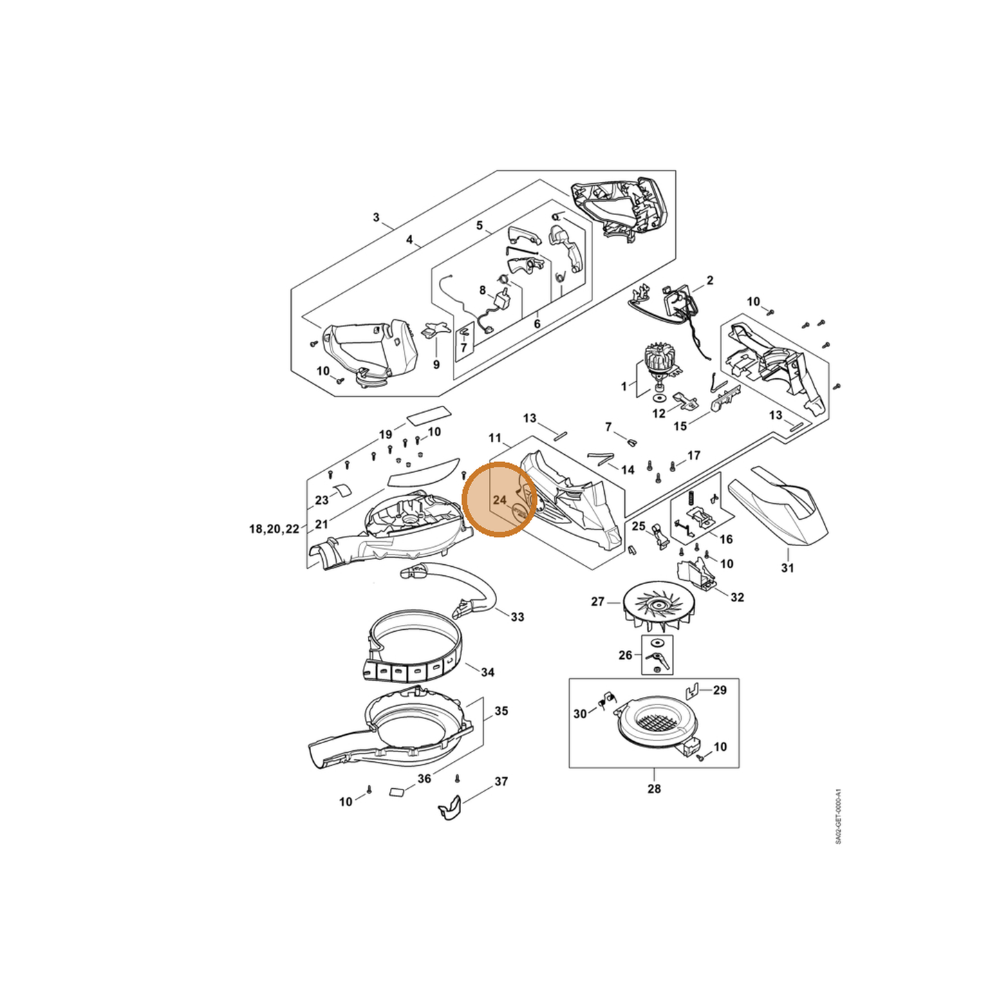 STIHL part SA02-967-1601 — IPL diagram snippet (6x zoom, amber highlight)